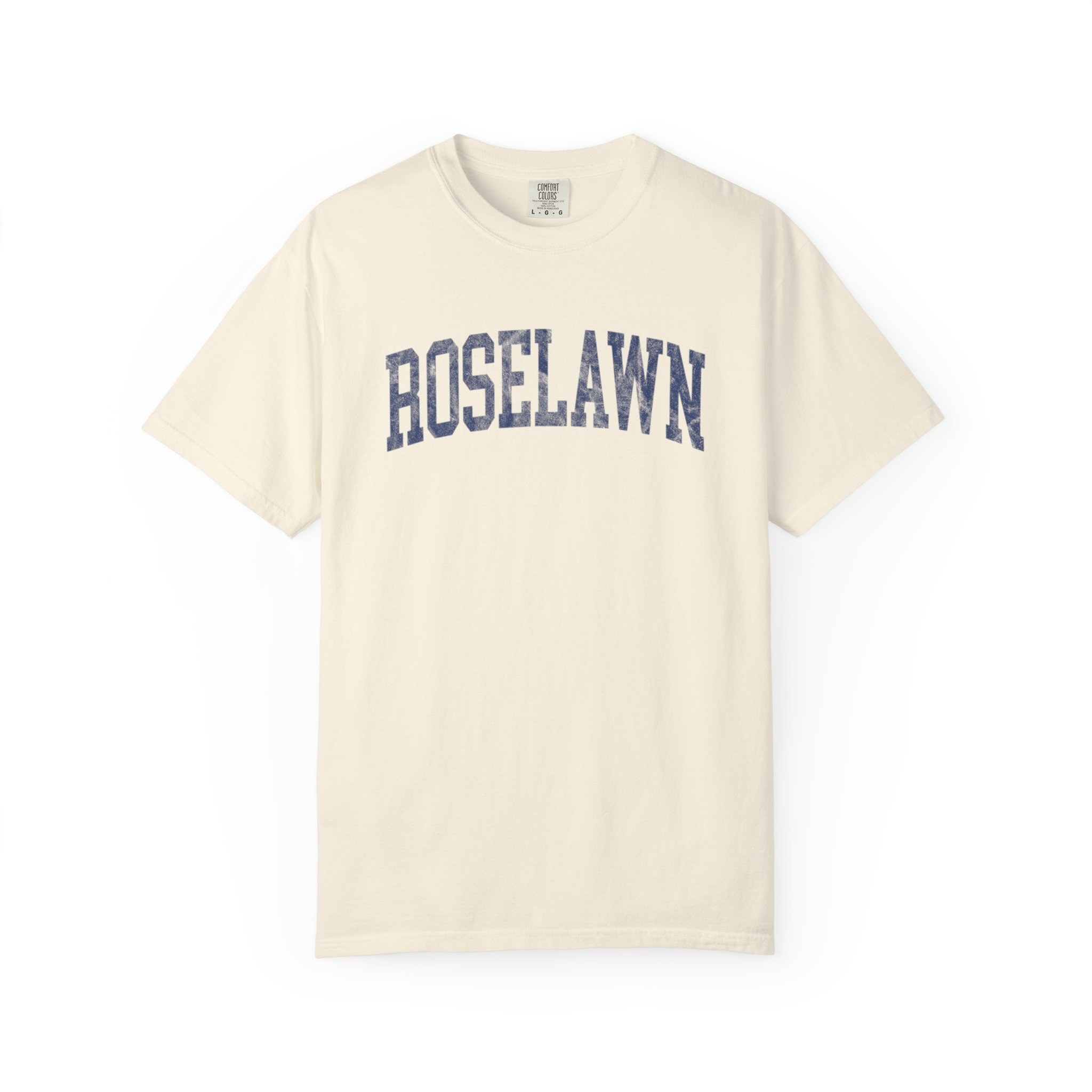 Roselawn Garment-Dyed Tee in Crème Fraîche, front — ROSELAWN lettering