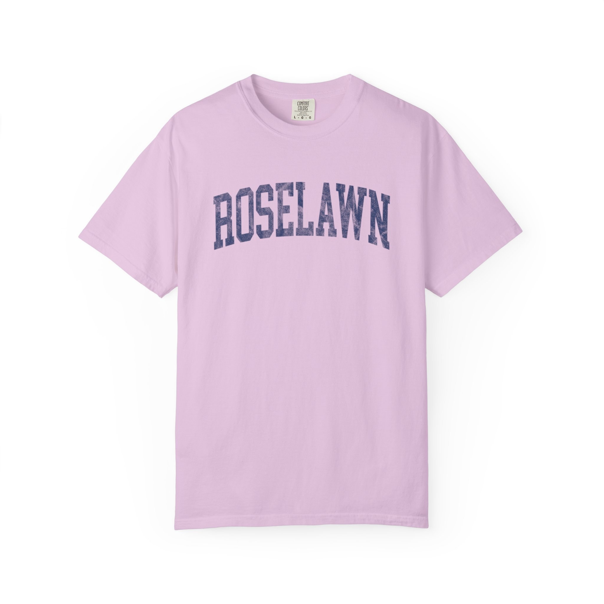 Roselawn Garment-Dyed Tee in Lilac Szn, front — ROSELAWN lettering