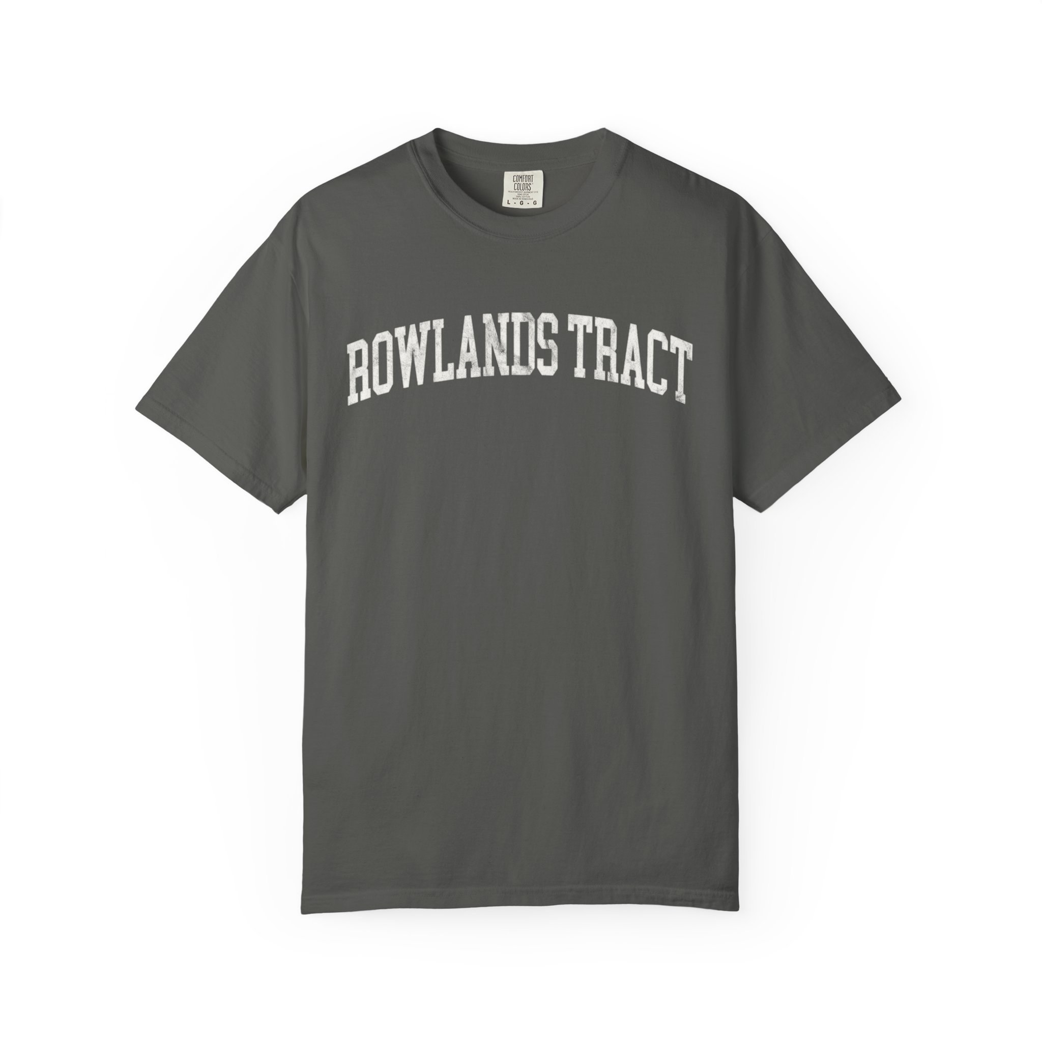 Rowlands Tract Garment-Dyed Tee in Concrete, front — ROWLANDS TRACT lettering