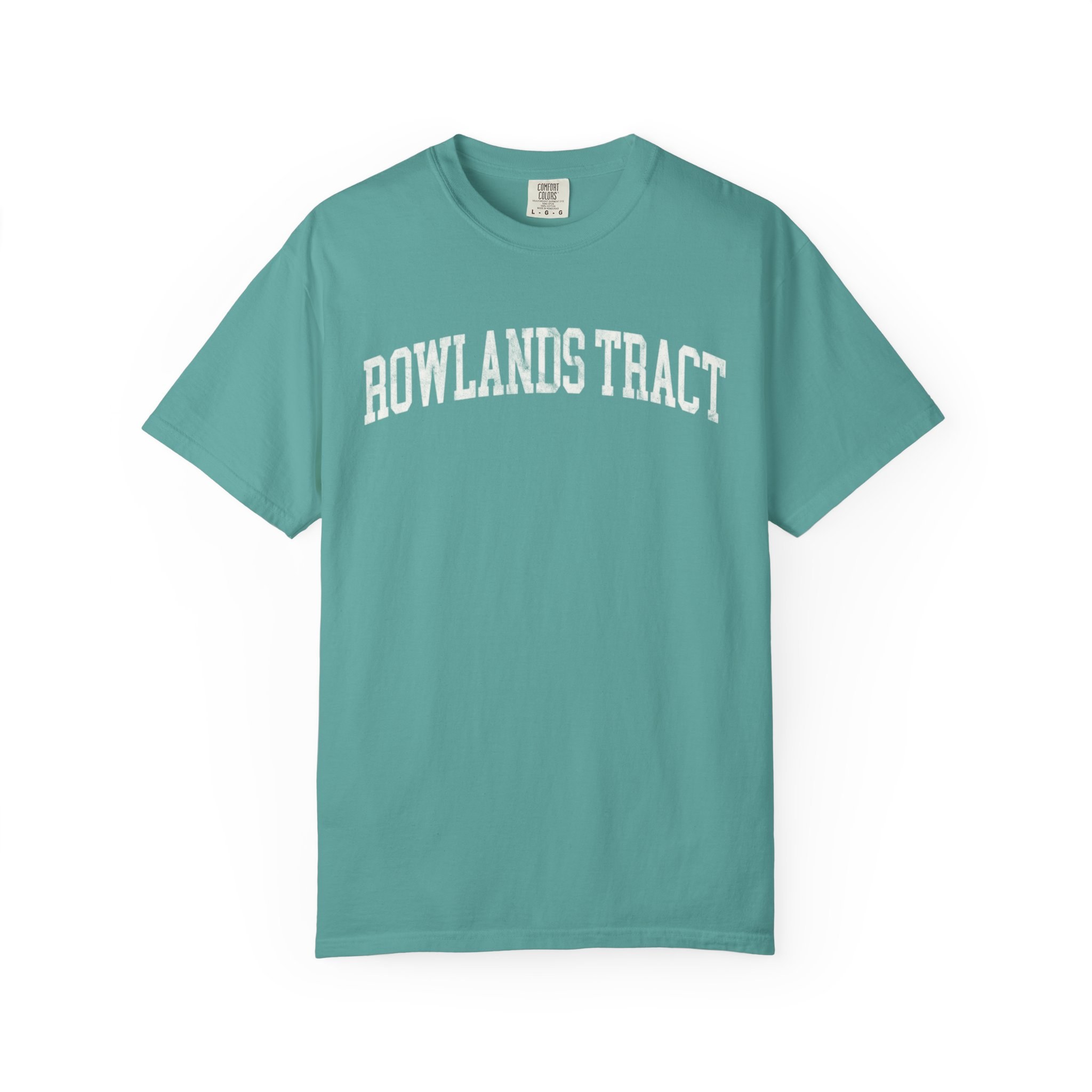 Rowlands Tract Garment-Dyed Tee in Erie Blue, front — ROWLANDS TRACT lettering