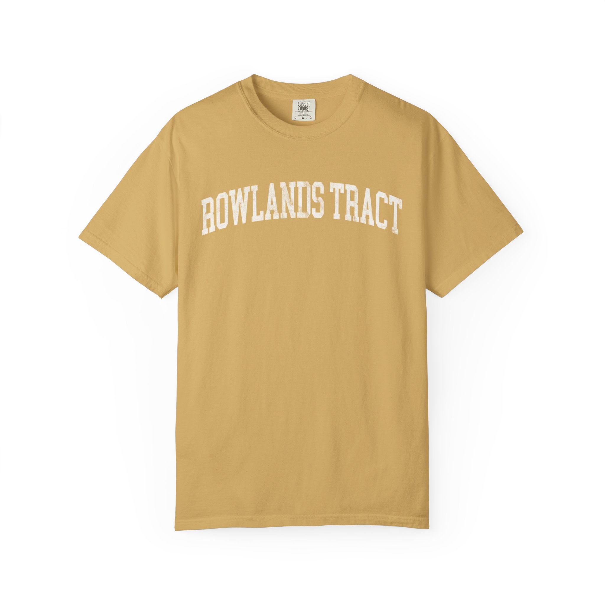 Rowlands Tract Garment-Dyed Tee in Pasta Wheat, front — ROWLANDS TRACT lettering