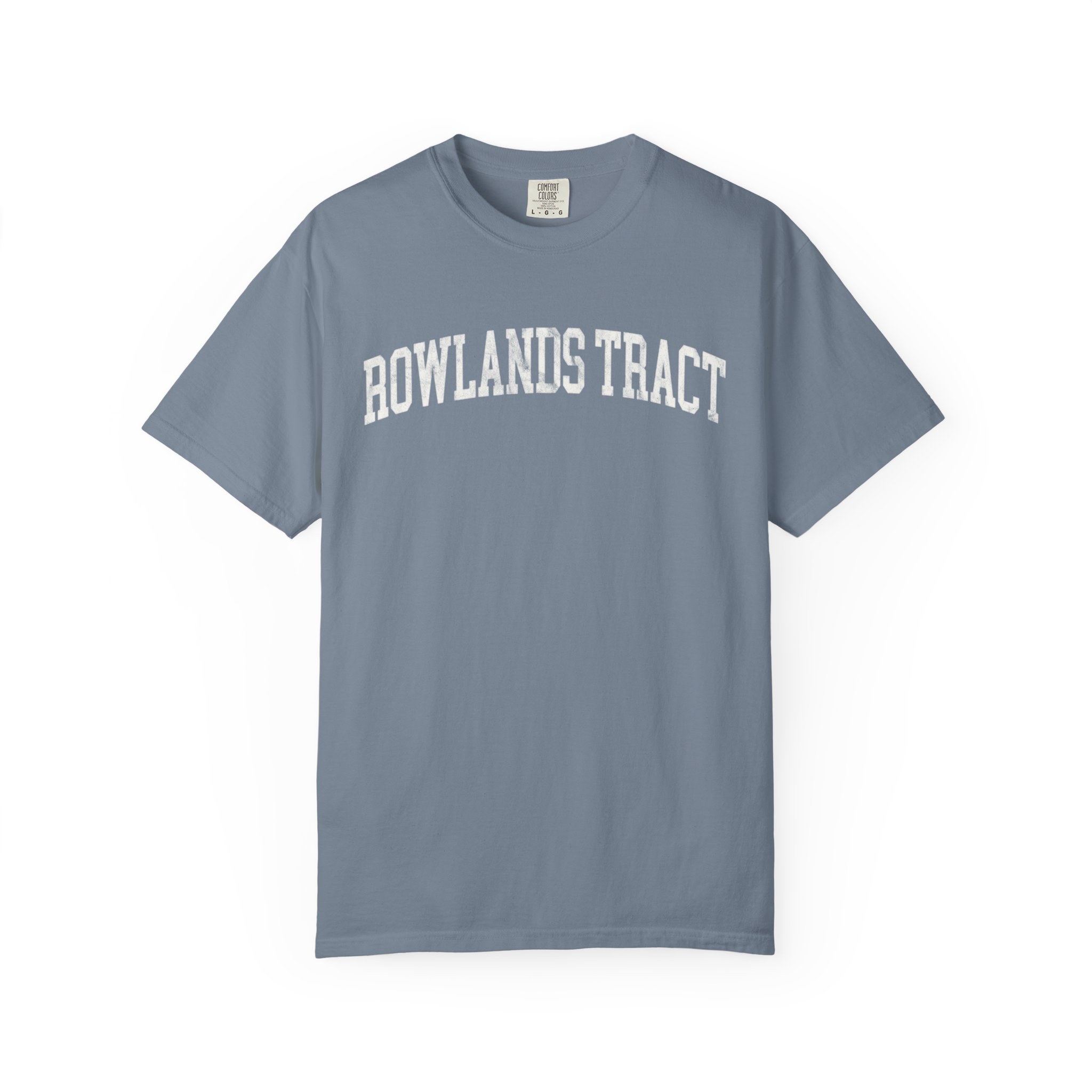 Rowlands Tract Garment-Dyed Tee in Samantha Blue, front — ROWLANDS TRACT lettering