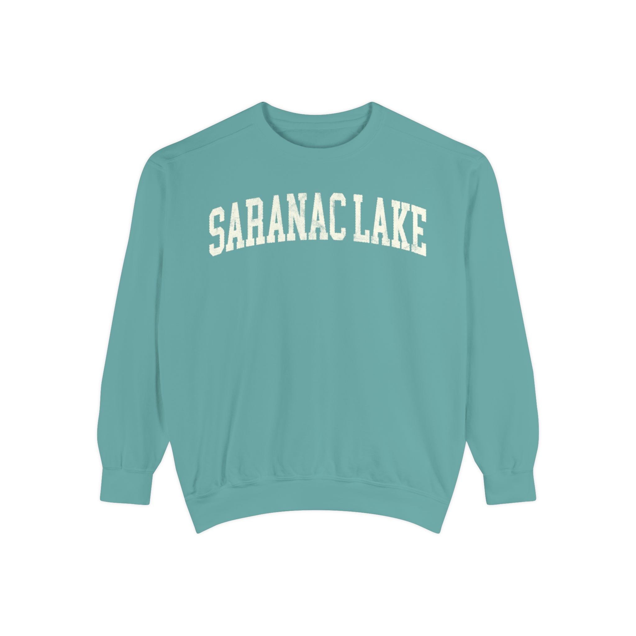 Saranac Lake Garment-Dyed Crewneck in Erie Blue, front — SARANAC LAKE lettering