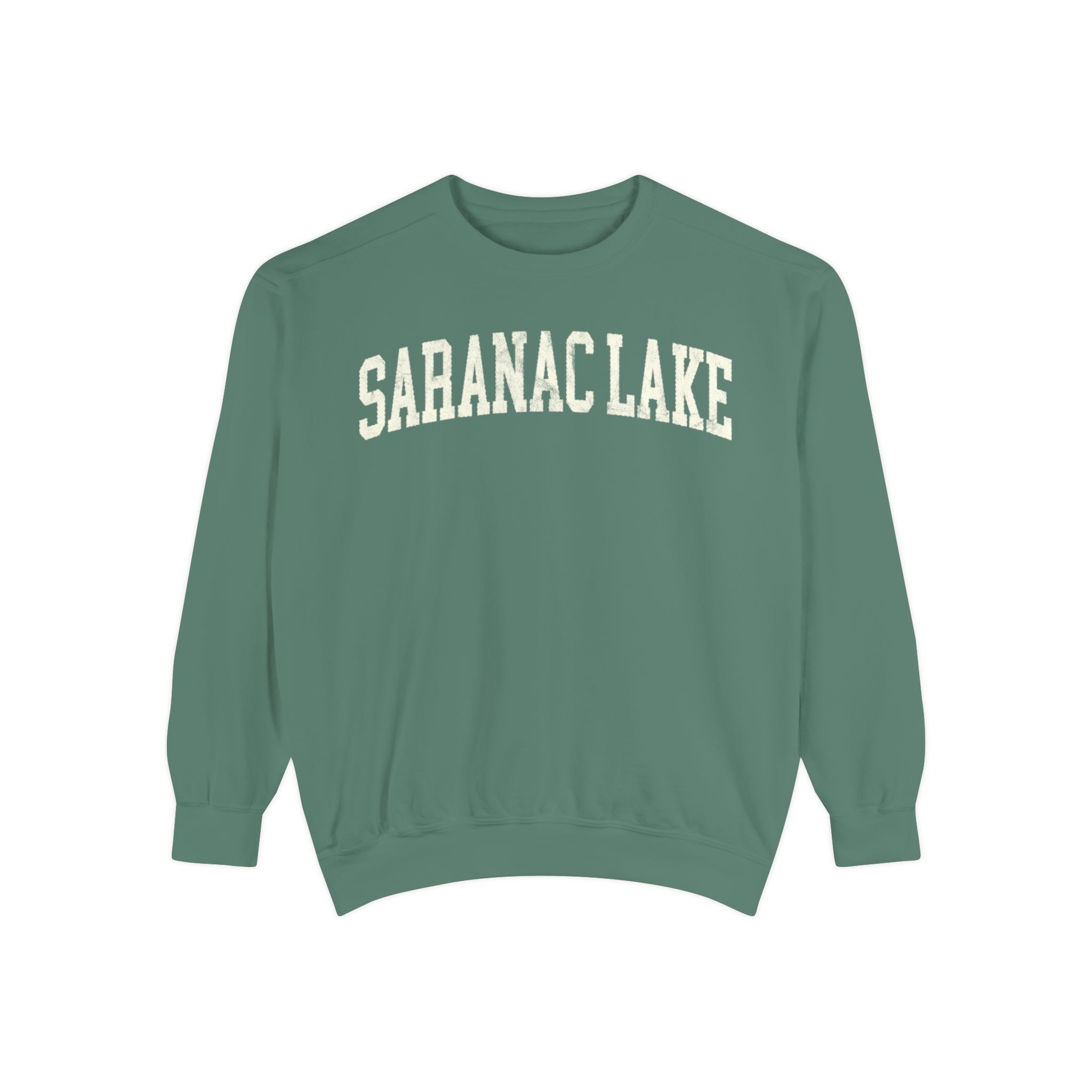 Saranac Lake Garment-Dyed Crewneck in Light Green, front — SARANAC LAKE lettering