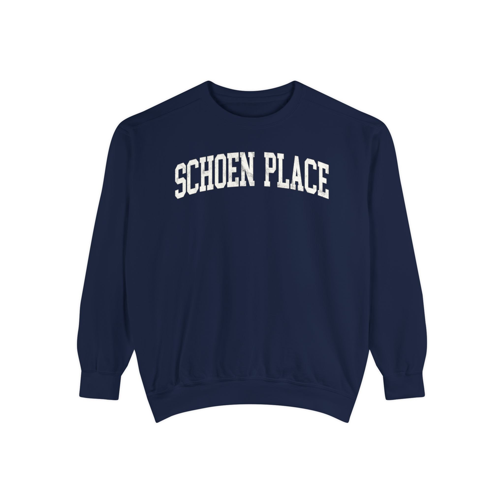 Schoen Place Garment-Dyed Crewneck in Boathouse Blue, front — SCHOEN PLACE lettering