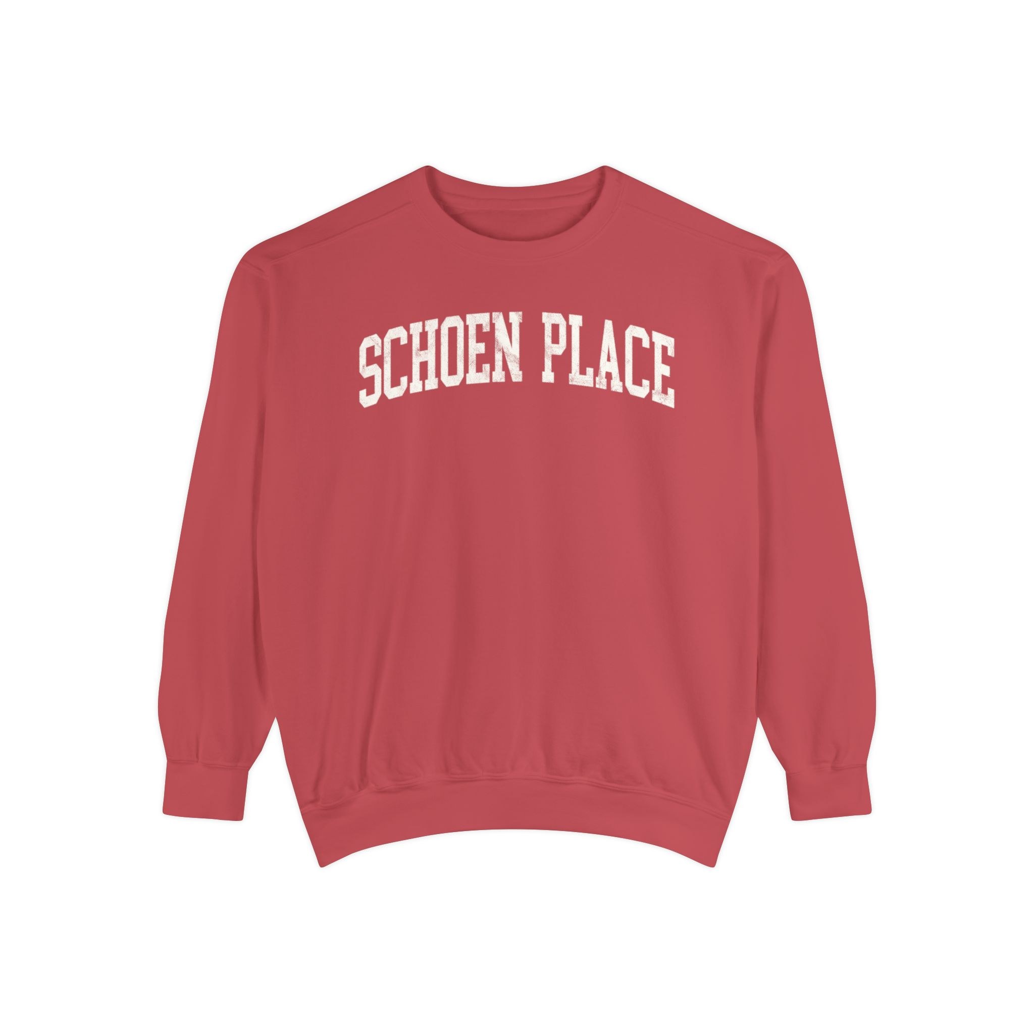 Schoen Place Garment-Dyed Crewneck in Collegiate Crimson, front — SCHOEN PLACE lettering