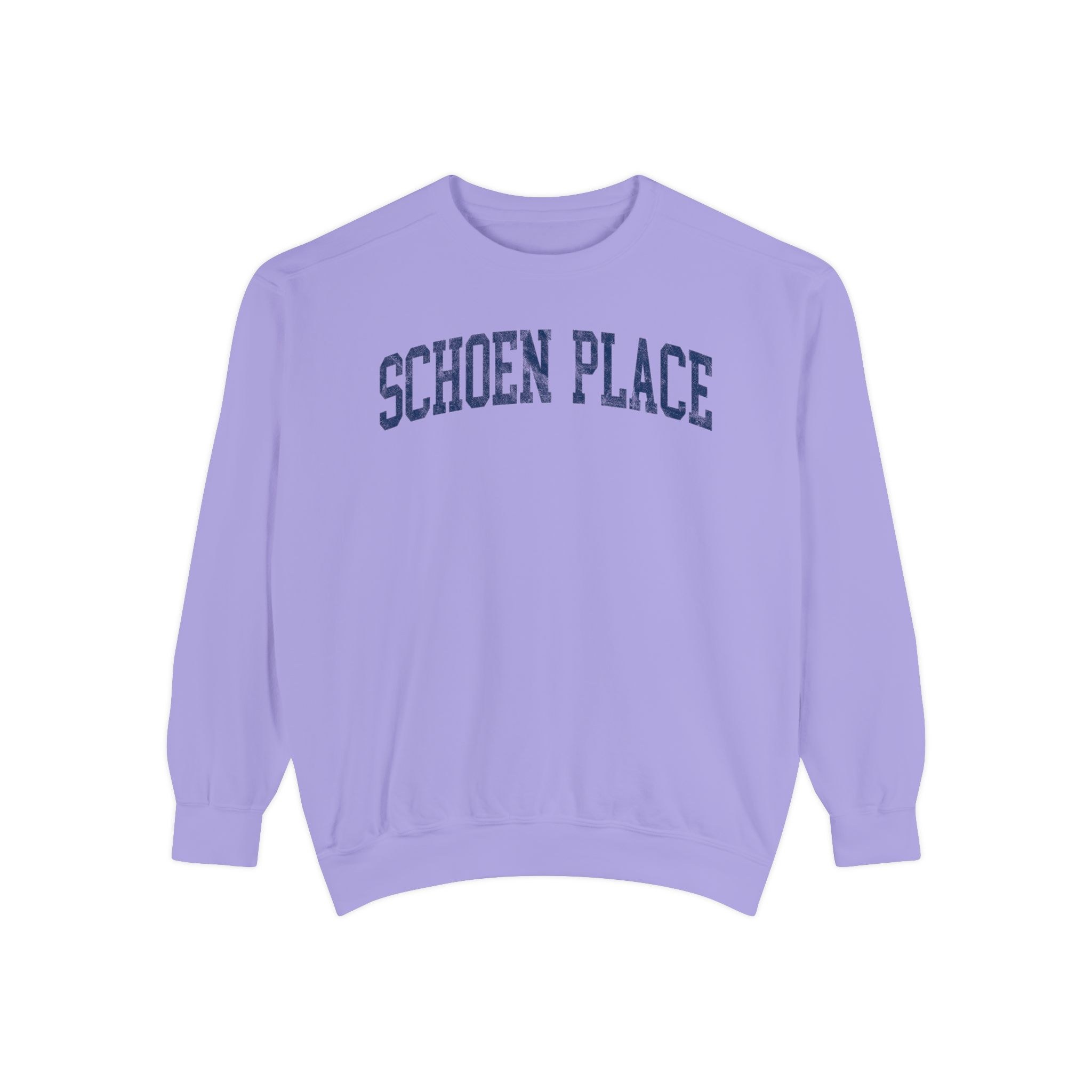 Schoen Place Garment-Dyed Crewneck in Lavender Fields, front — SCHOEN PLACE lettering