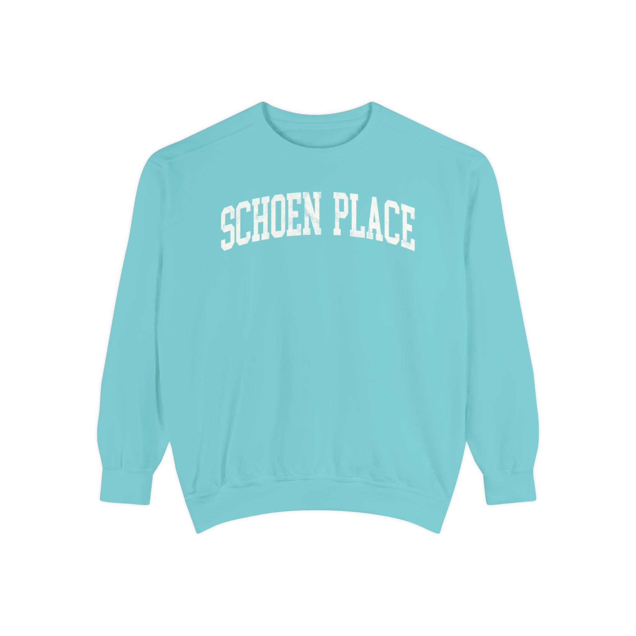 Schoen Place Garment-Dyed Crewneck in Light Ice, front — SCHOEN PLACE lettering