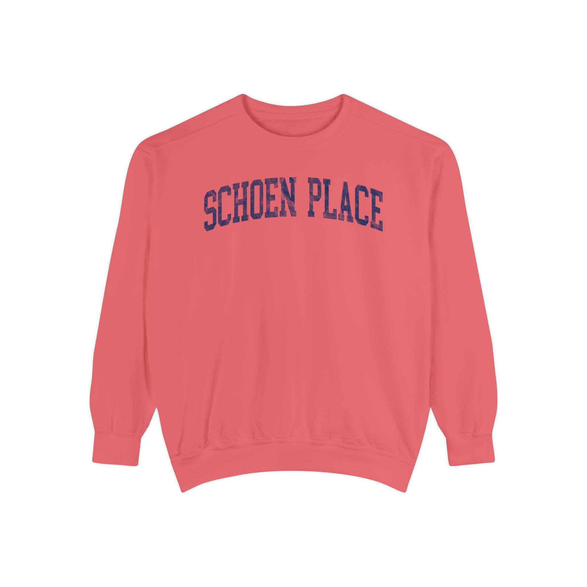 Schoen Place Garment-Dyed Crewneck in Strawberry Cloud, front — SCHOEN PLACE lettering