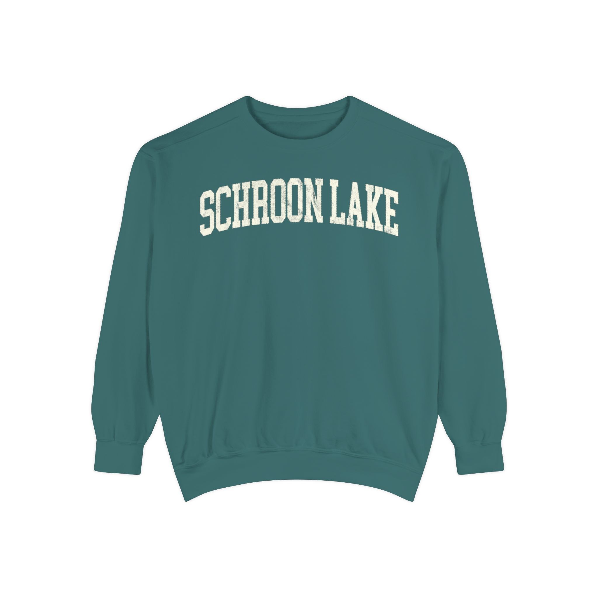 Schroon Lake Garment-Dyed Crewneck in Blue Spruce, front — SCHROON LAKE lettering