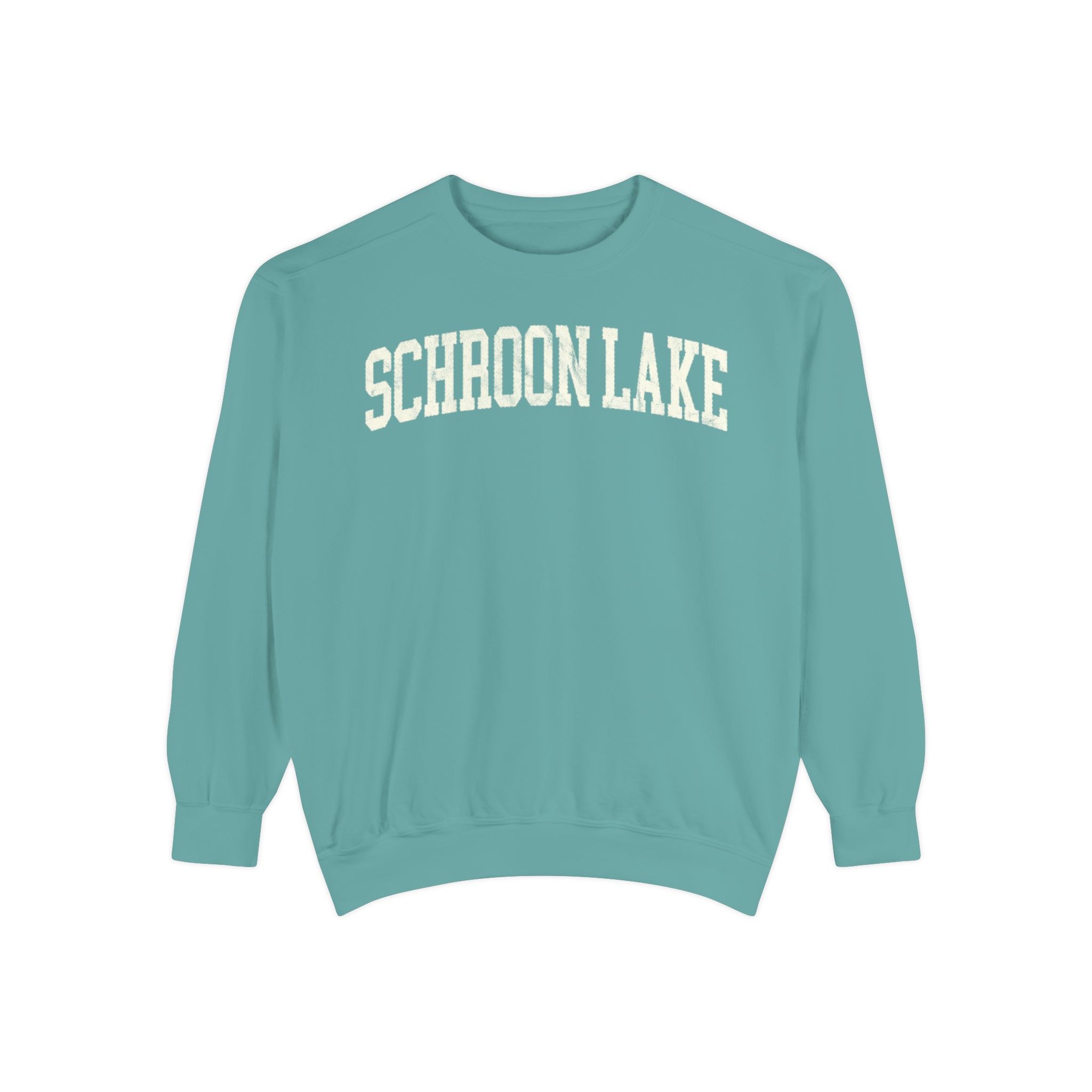 Schroon Lake Garment-Dyed Crewneck in Erie Blue, front — SCHROON LAKE lettering