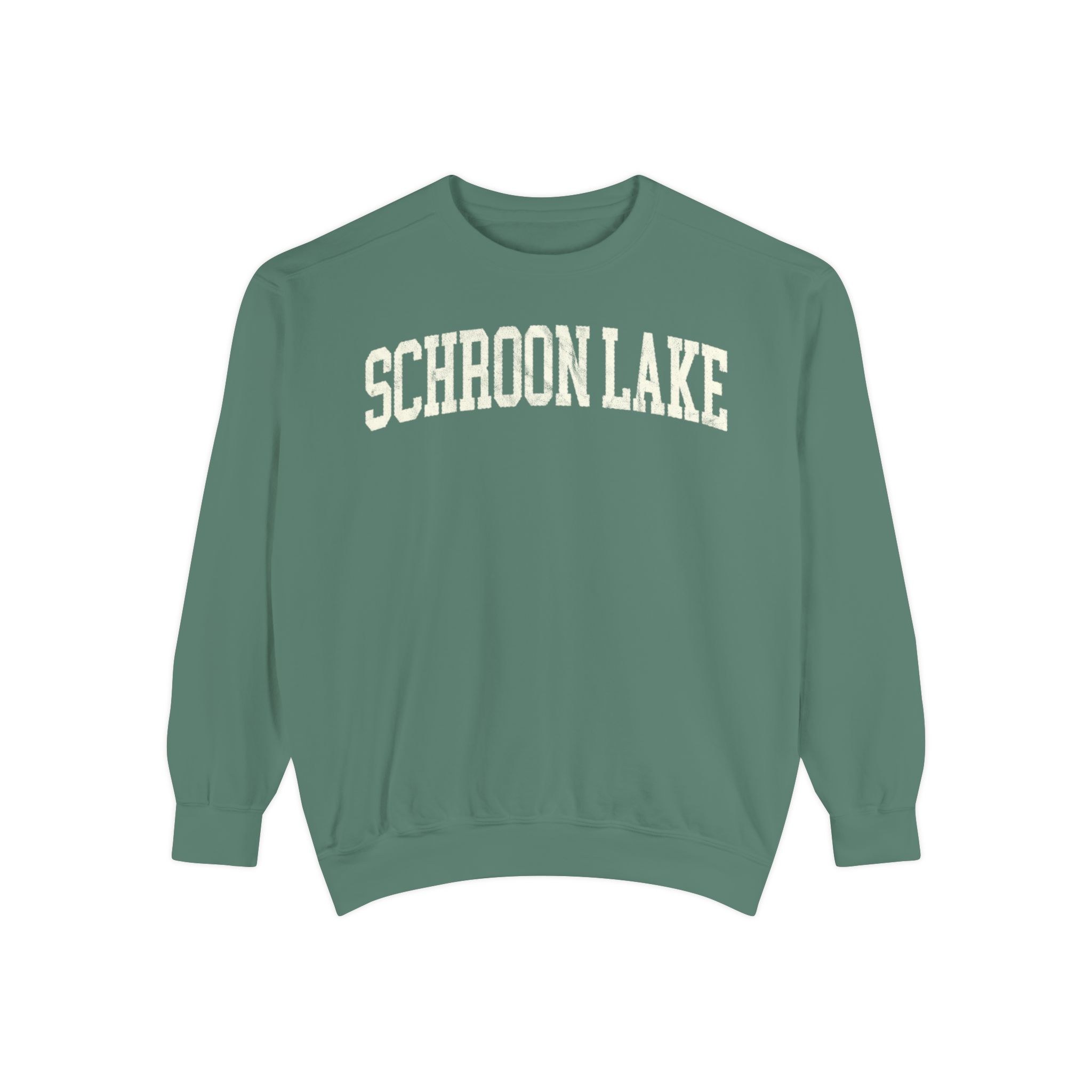 Schroon Lake Garment-Dyed Crewneck in Light Green, front — SCHROON LAKE lettering