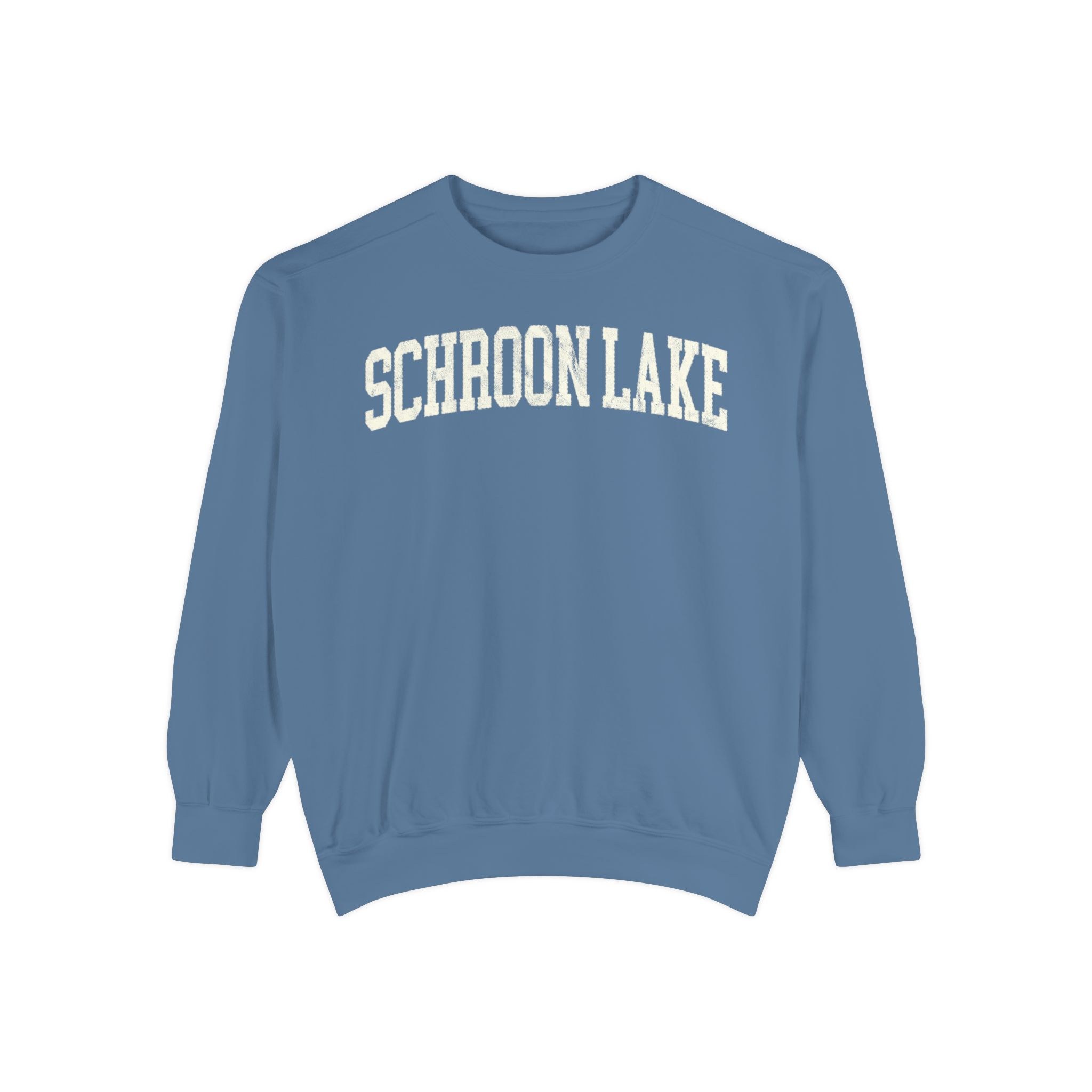 Schroon Lake Garment-Dyed Crewneck in Samantha Blue, front — SCHROON LAKE lettering