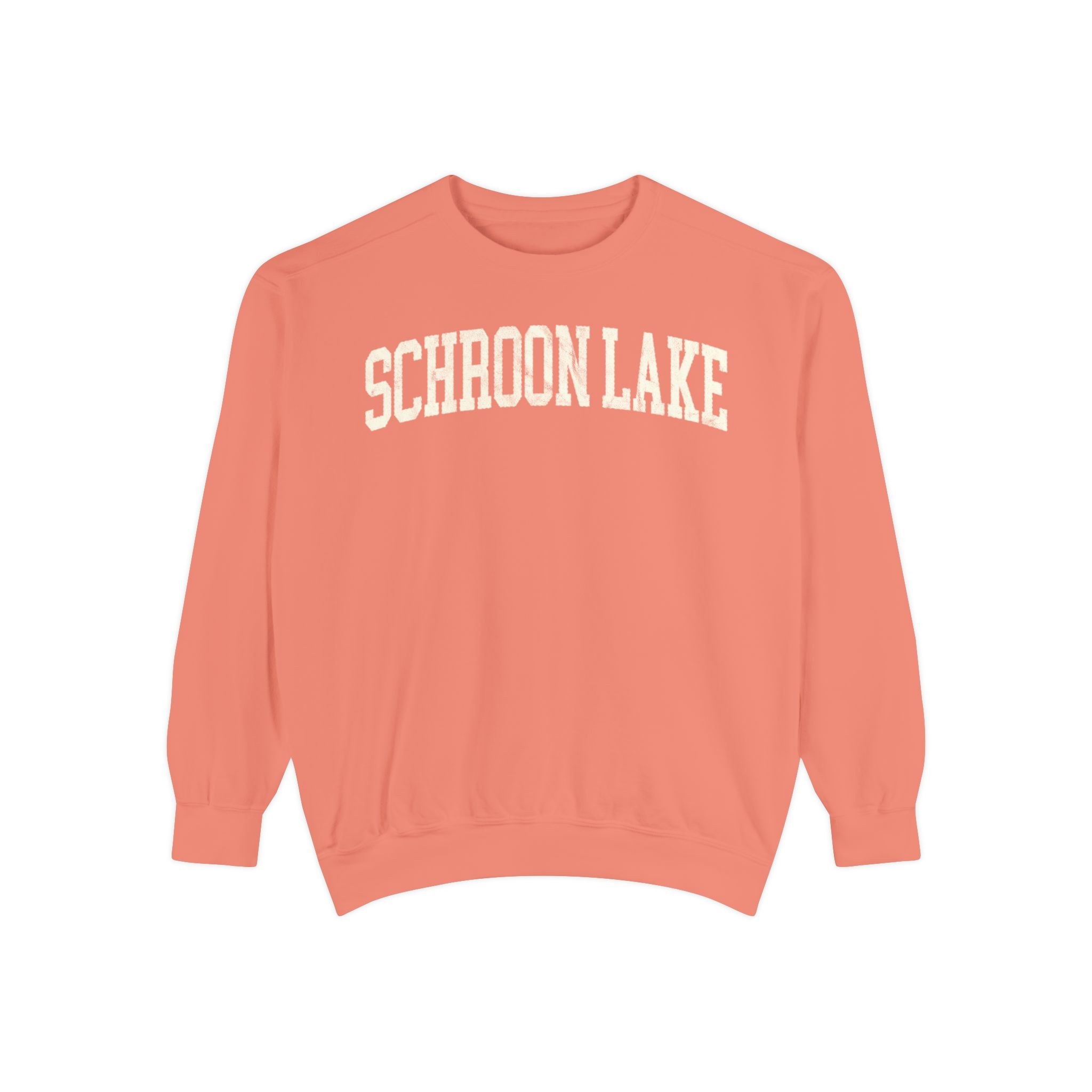 Schroon Lake Garment-Dyed Crewneck in Terracotta, front — SCHROON LAKE lettering