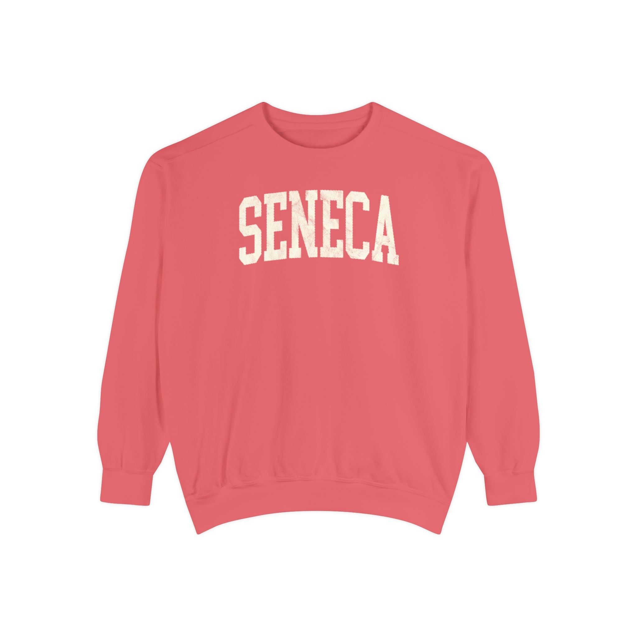 Seneca Garment-Dyed Crewneck in Strawberry Cloud, front — SENECA lettering