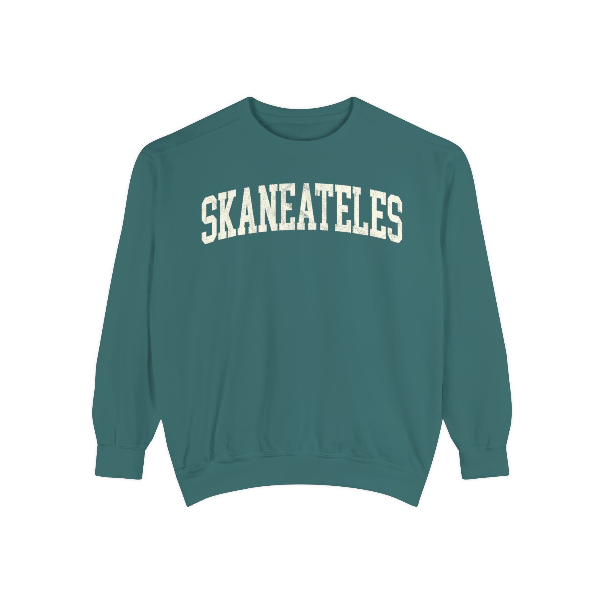 Skaneateles Garment-Dyed Crewneck in Blue Spruce, front — SKANEATELES lettering