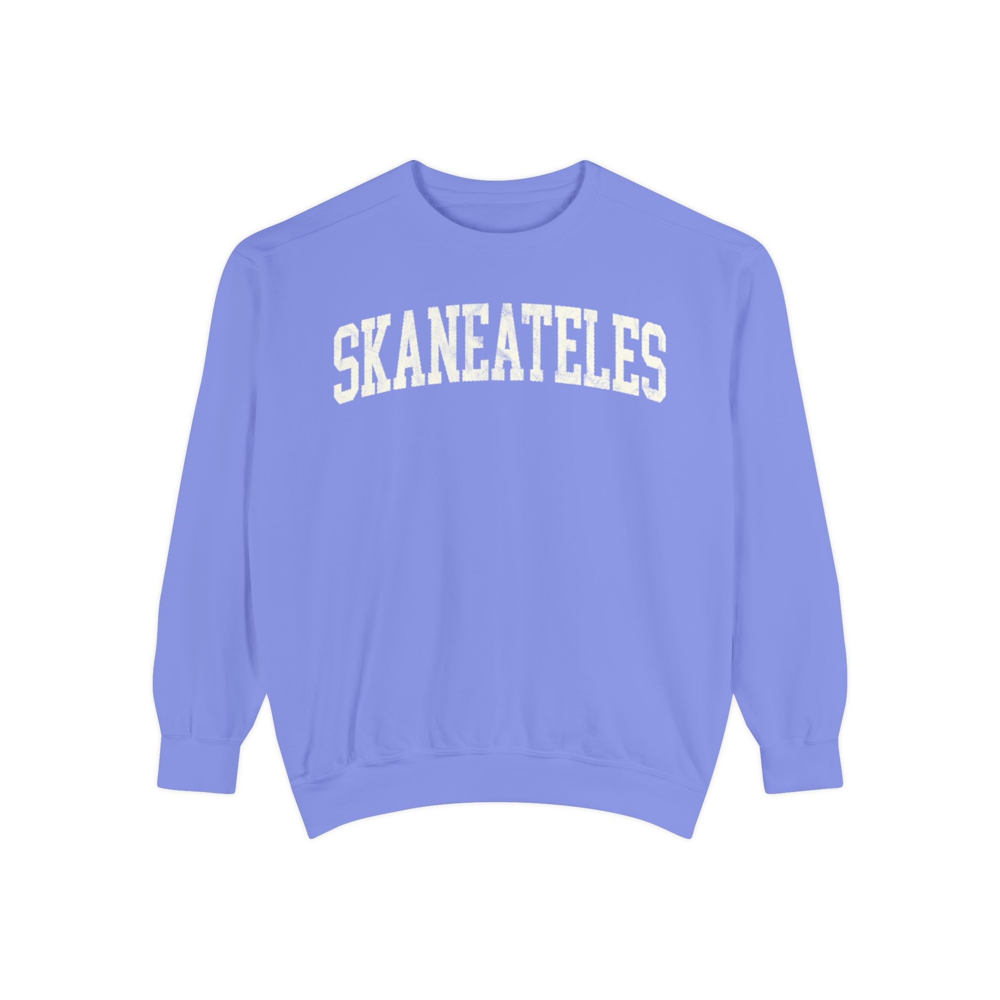 Skaneateles Garment-Dyed Crewneck in Conesus Blue, front — SKANEATELES lettering