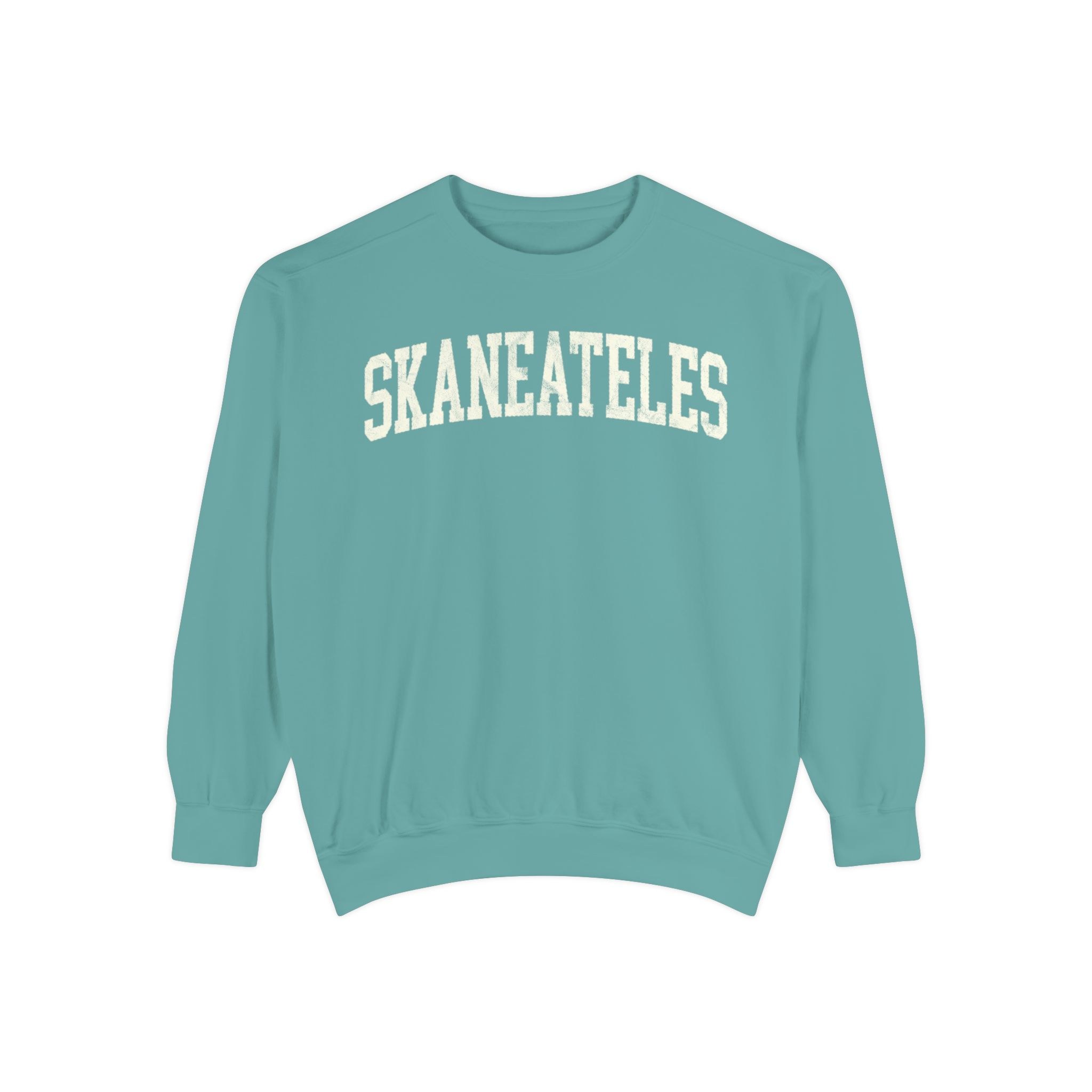 Skaneateles Garment-Dyed Crewneck in Erie Blue, front — SKANEATELES lettering