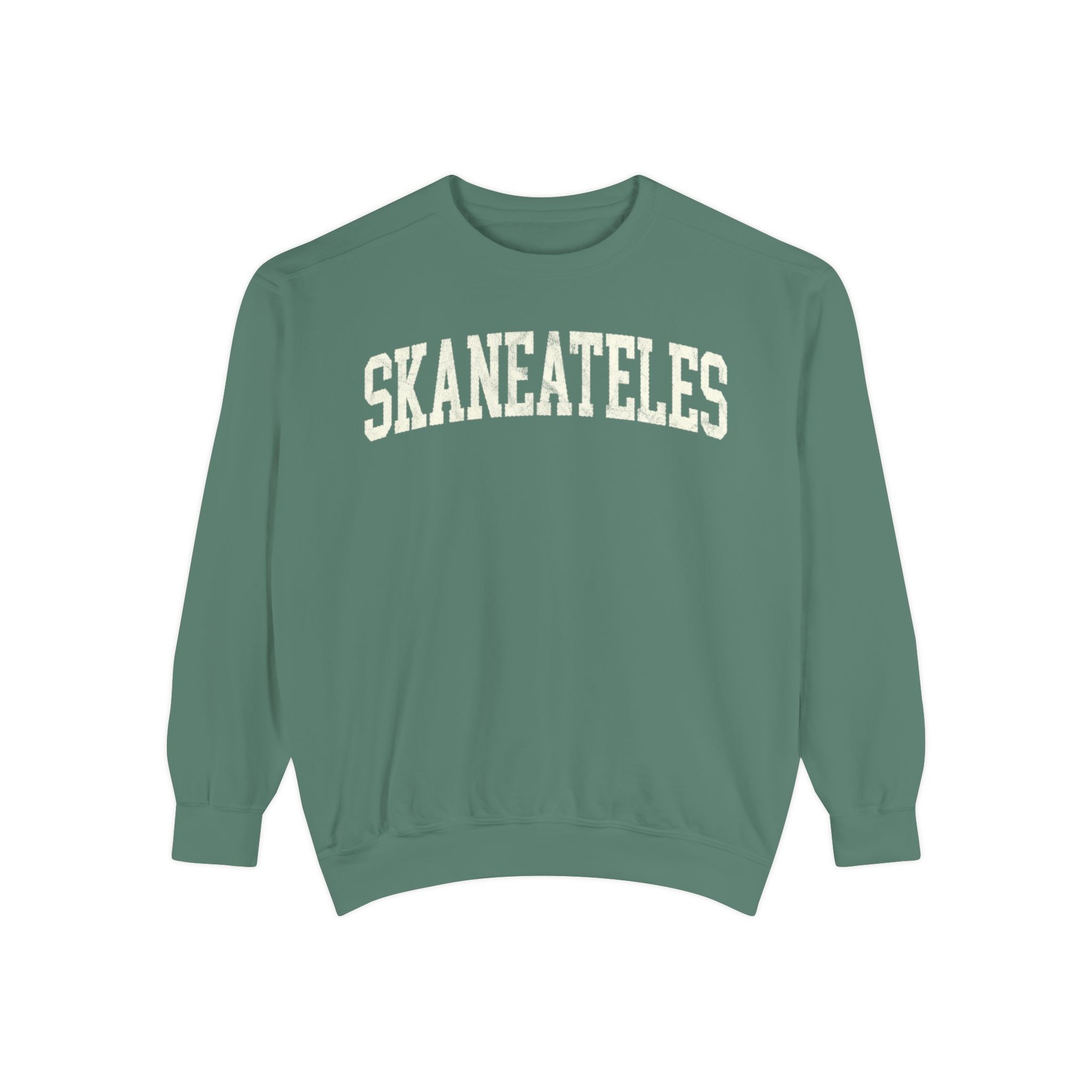 Skaneateles Garment-Dyed Crewneck in Light Green, front — SKANEATELES lettering