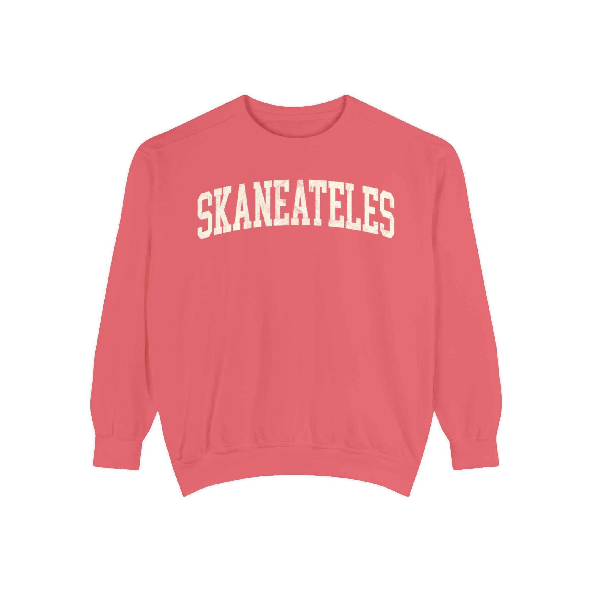 Skaneateles Garment-Dyed Crewneck in Strawberry Cloud, front — SKANEATELES lettering