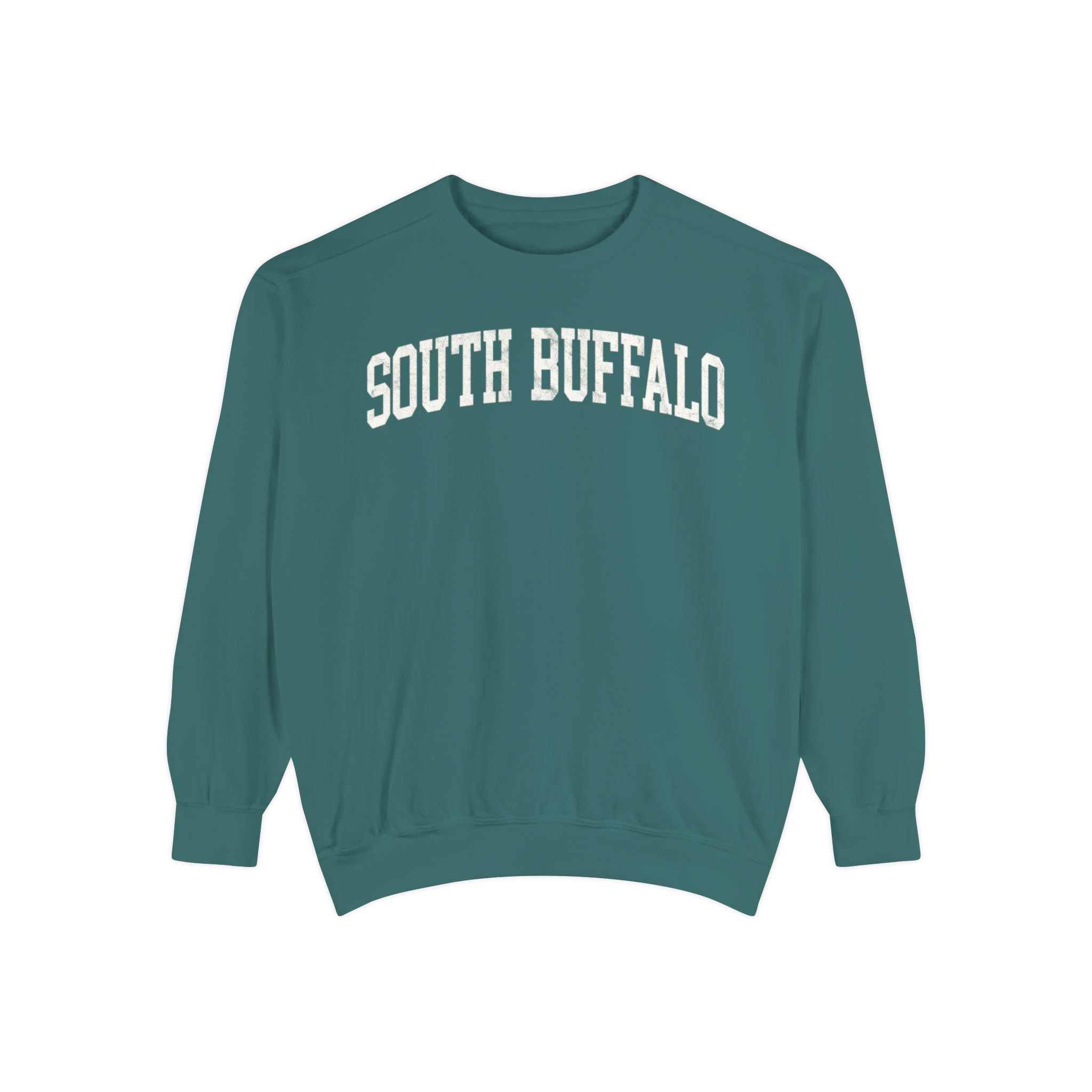 South Buffalo Garment-Dyed Crewneck in Blue Spruce, front — SOUTH BUFFALO lettering