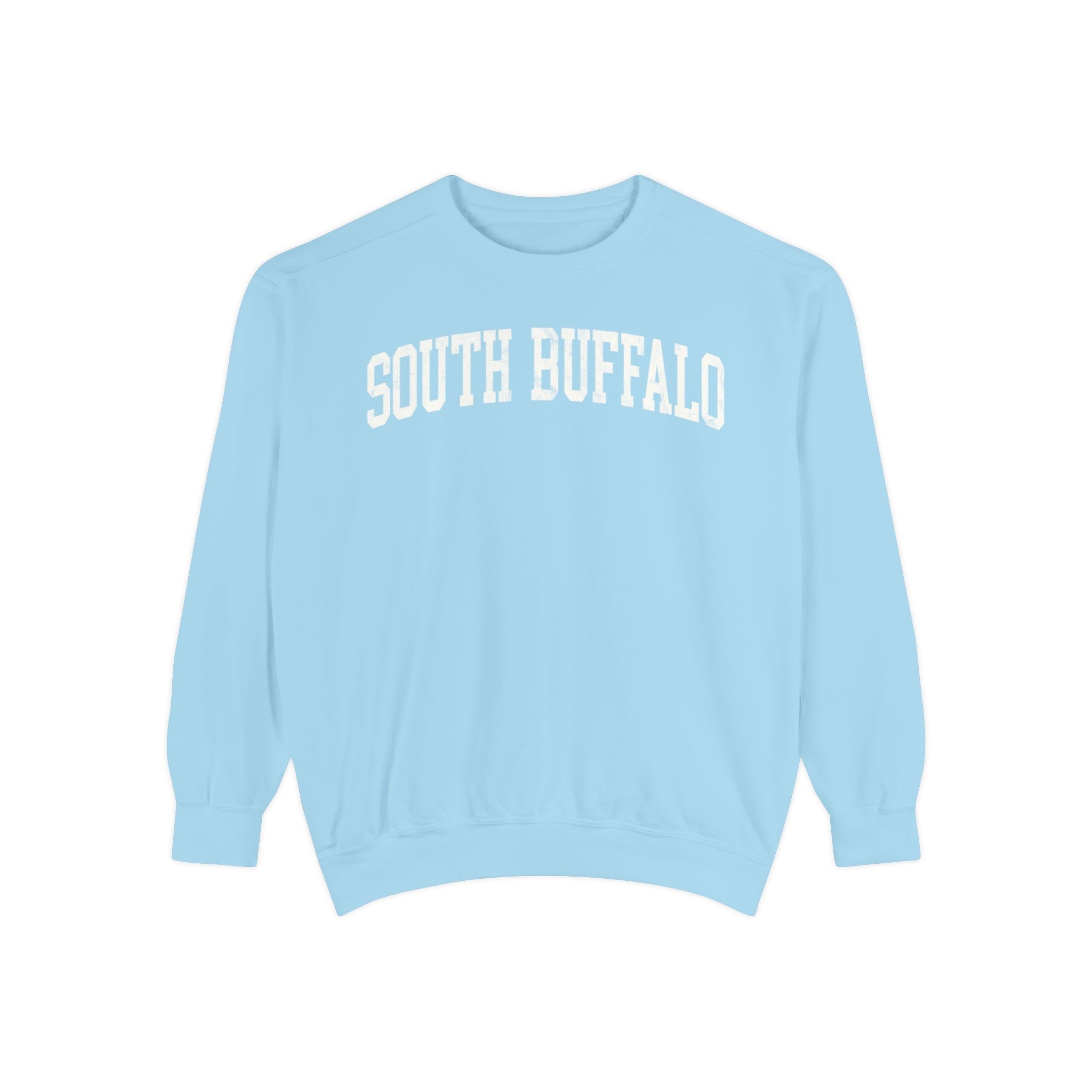 South Buffalo Garment-Dyed Crewneck in Blueberry Milk, front — SOUTH BUFFALO lettering