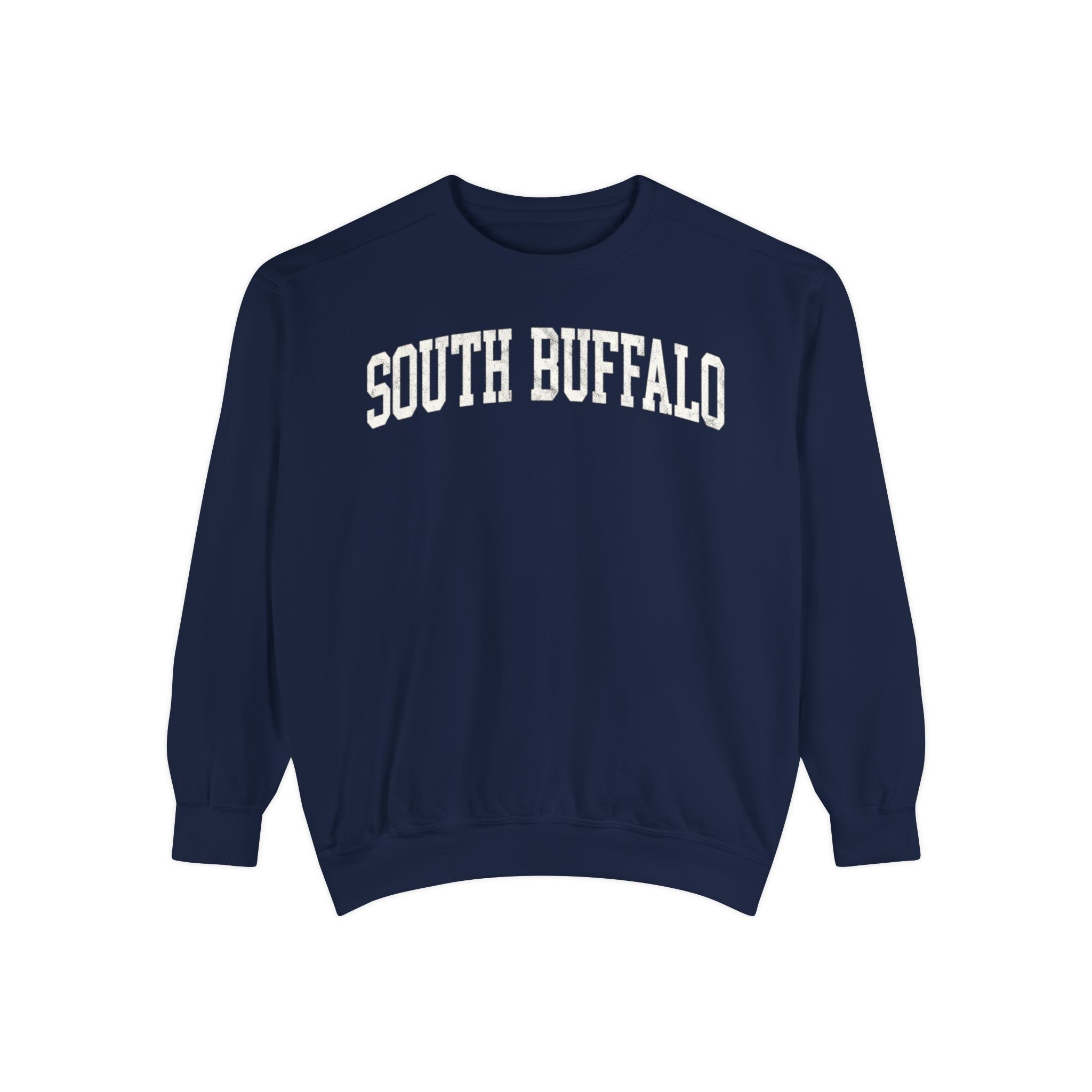 South Buffalo Garment-Dyed Crewneck in Boathouse Blue, front — SOUTH BUFFALO lettering