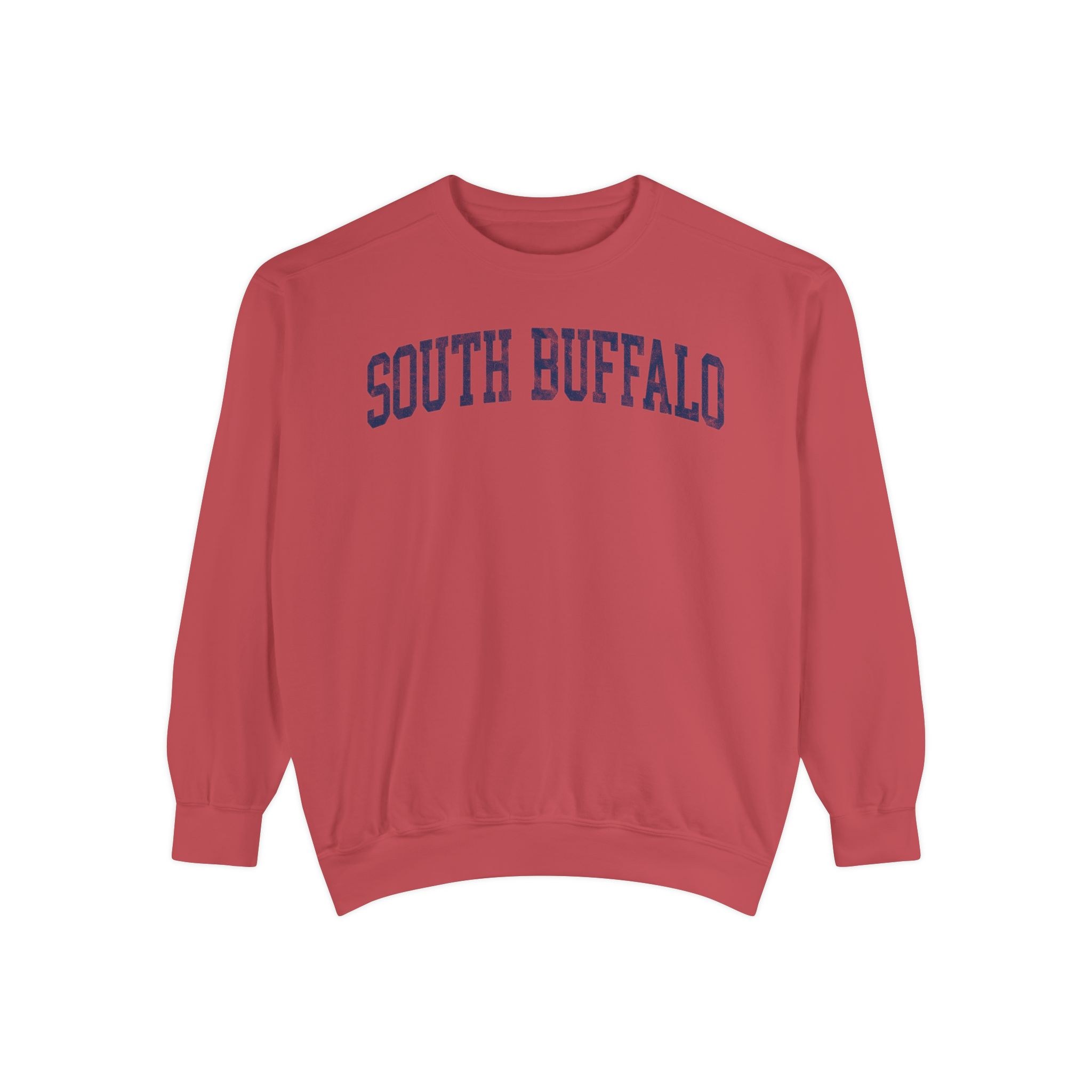 South Buffalo Garment-Dyed Crewneck in Collegiate Crimson, front — SOUTH BUFFALO lettering