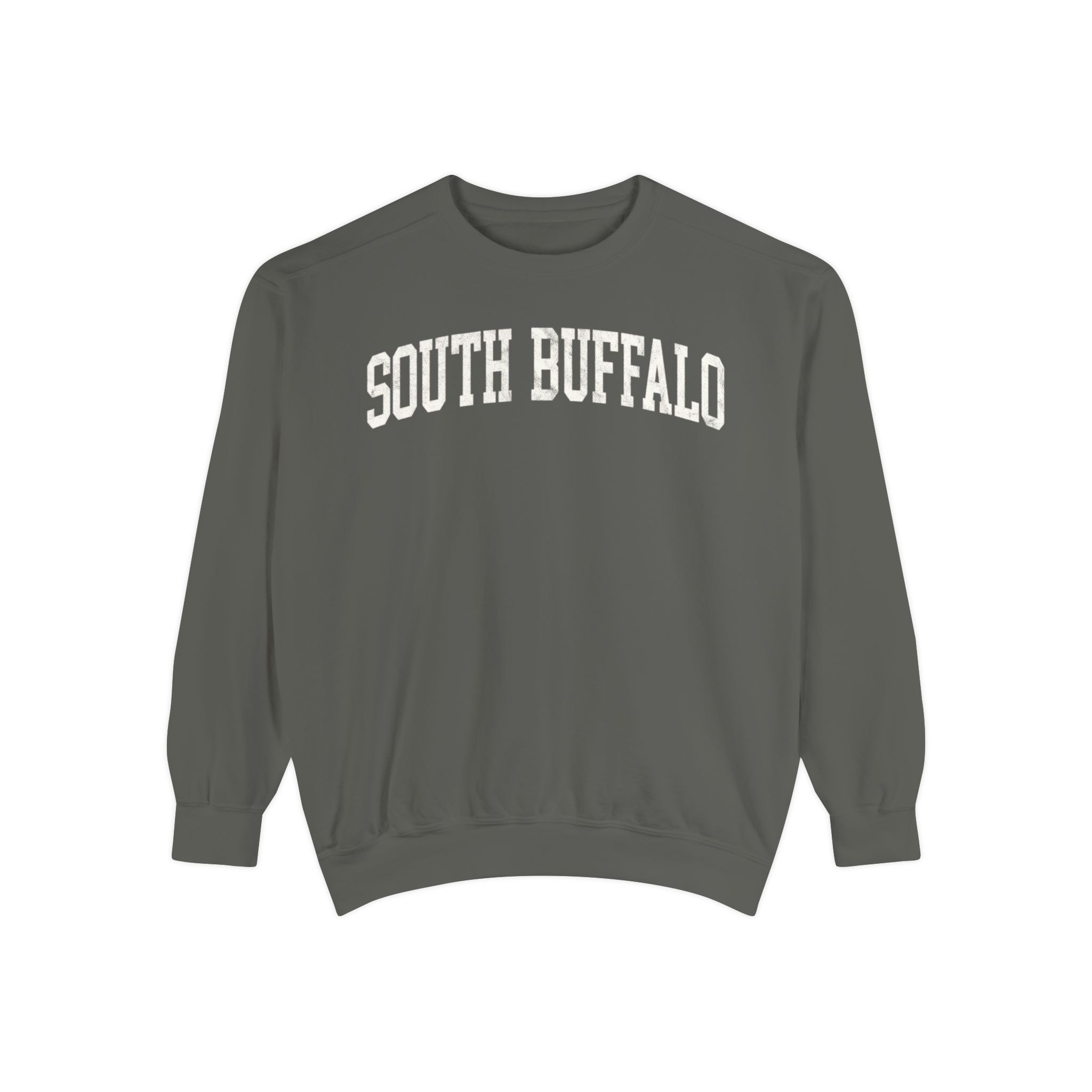 South Buffalo Garment-Dyed Crewneck in Concrete, front — SOUTH BUFFALO lettering