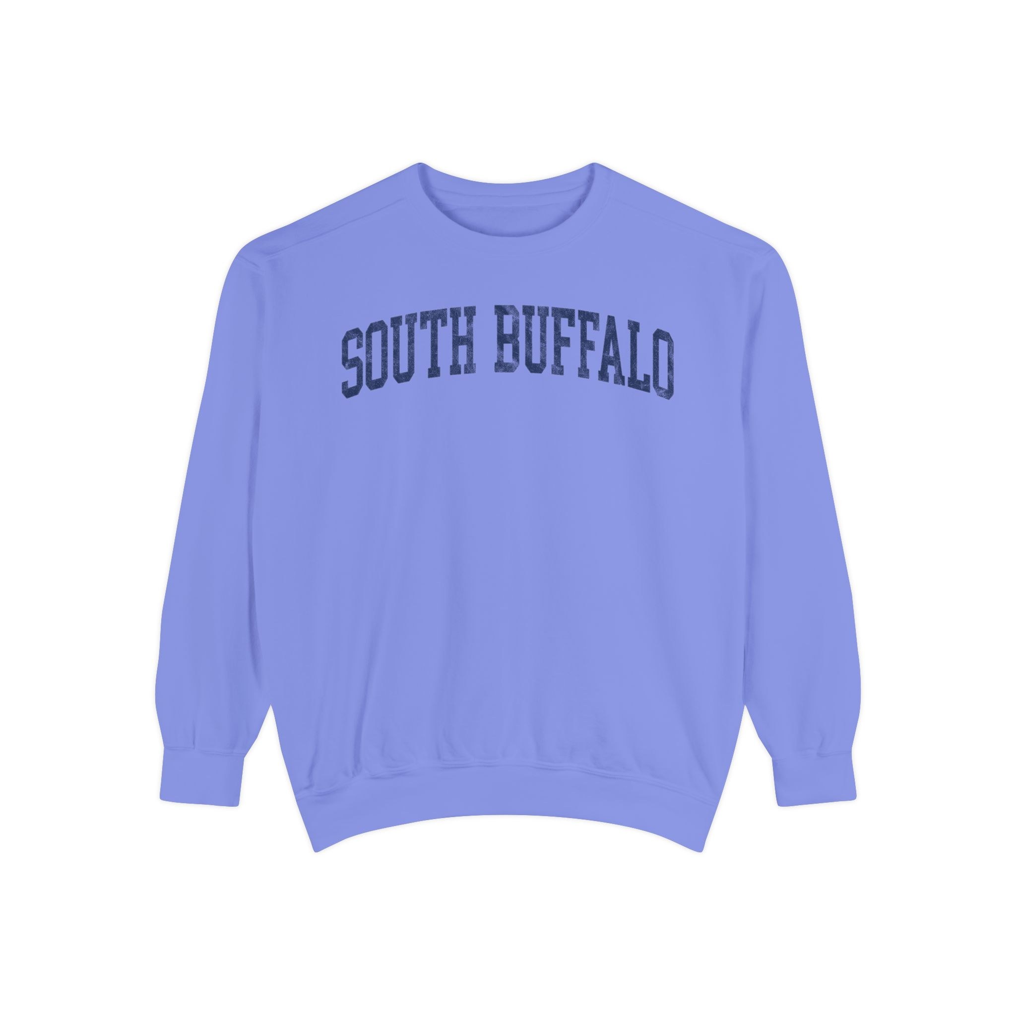 South Buffalo Garment-Dyed Crewneck in Conesus Blue, front — SOUTH BUFFALO lettering