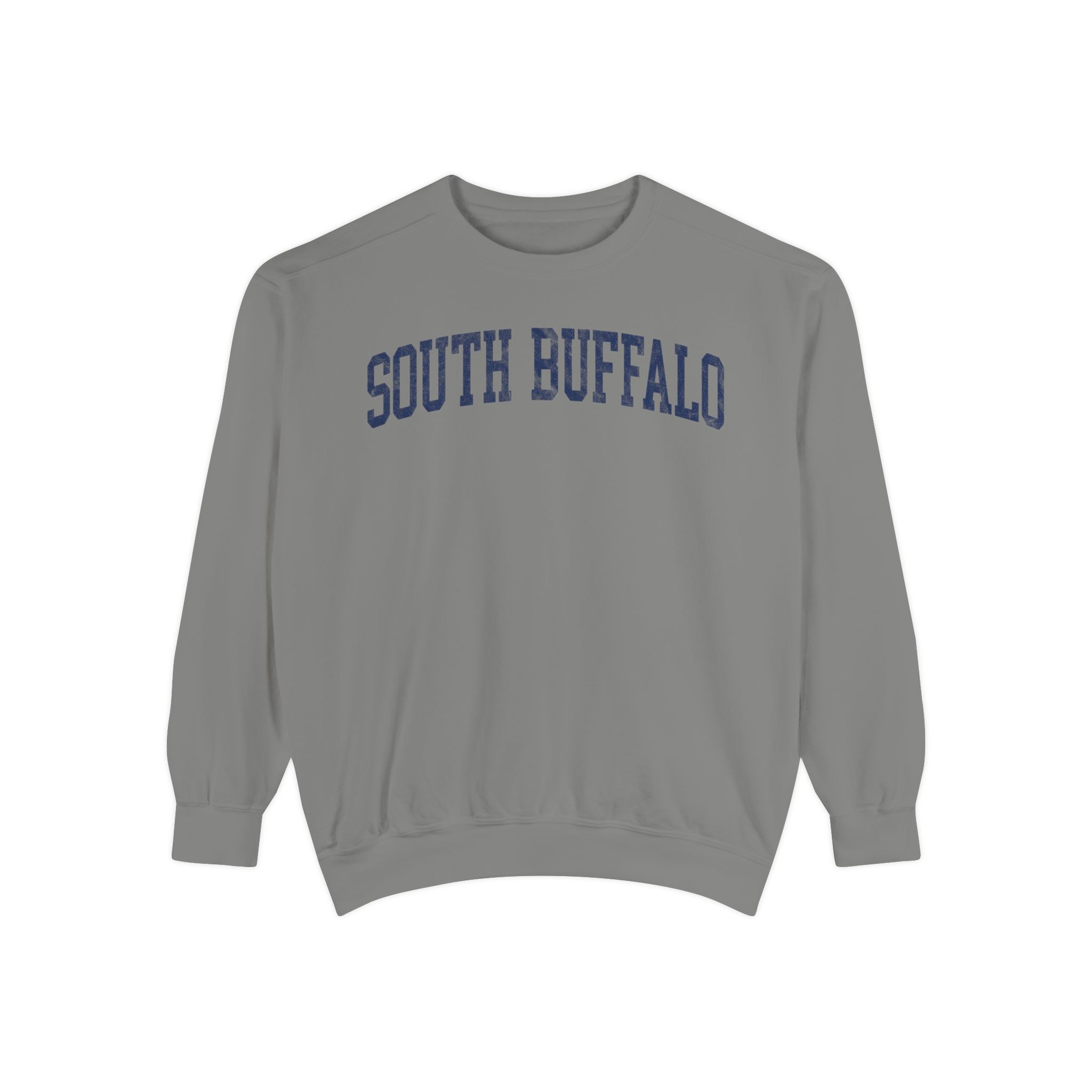 South Buffalo Garment-Dyed Crewneck in Dusting, front — SOUTH BUFFALO lettering