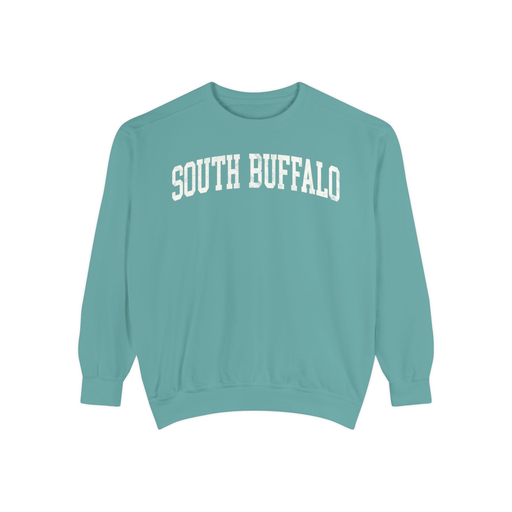 South Buffalo Garment-Dyed Crewneck in Erie Blue, front — SOUTH BUFFALO lettering