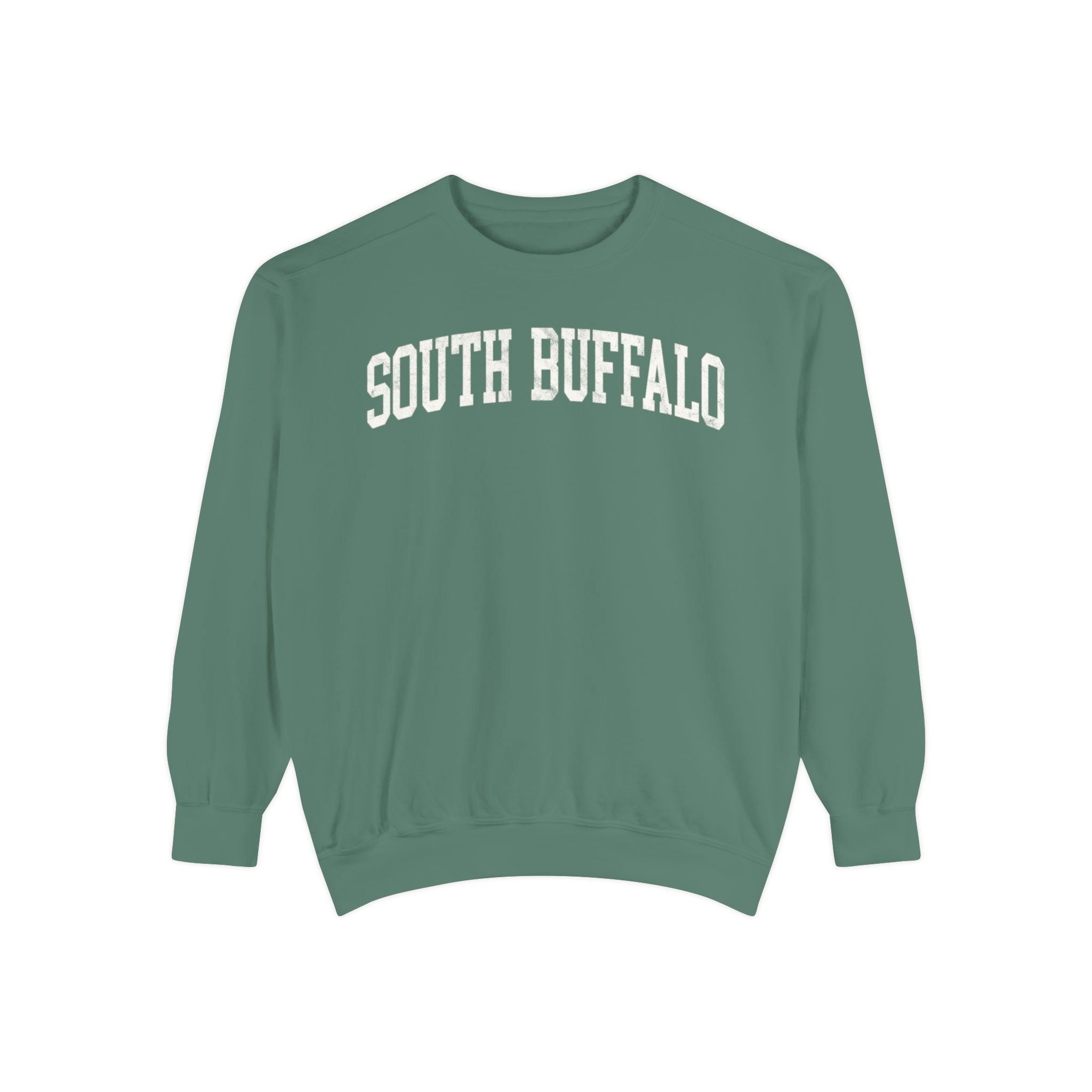 South Buffalo Garment-Dyed Crewneck in Light Green, front — SOUTH BUFFALO lettering