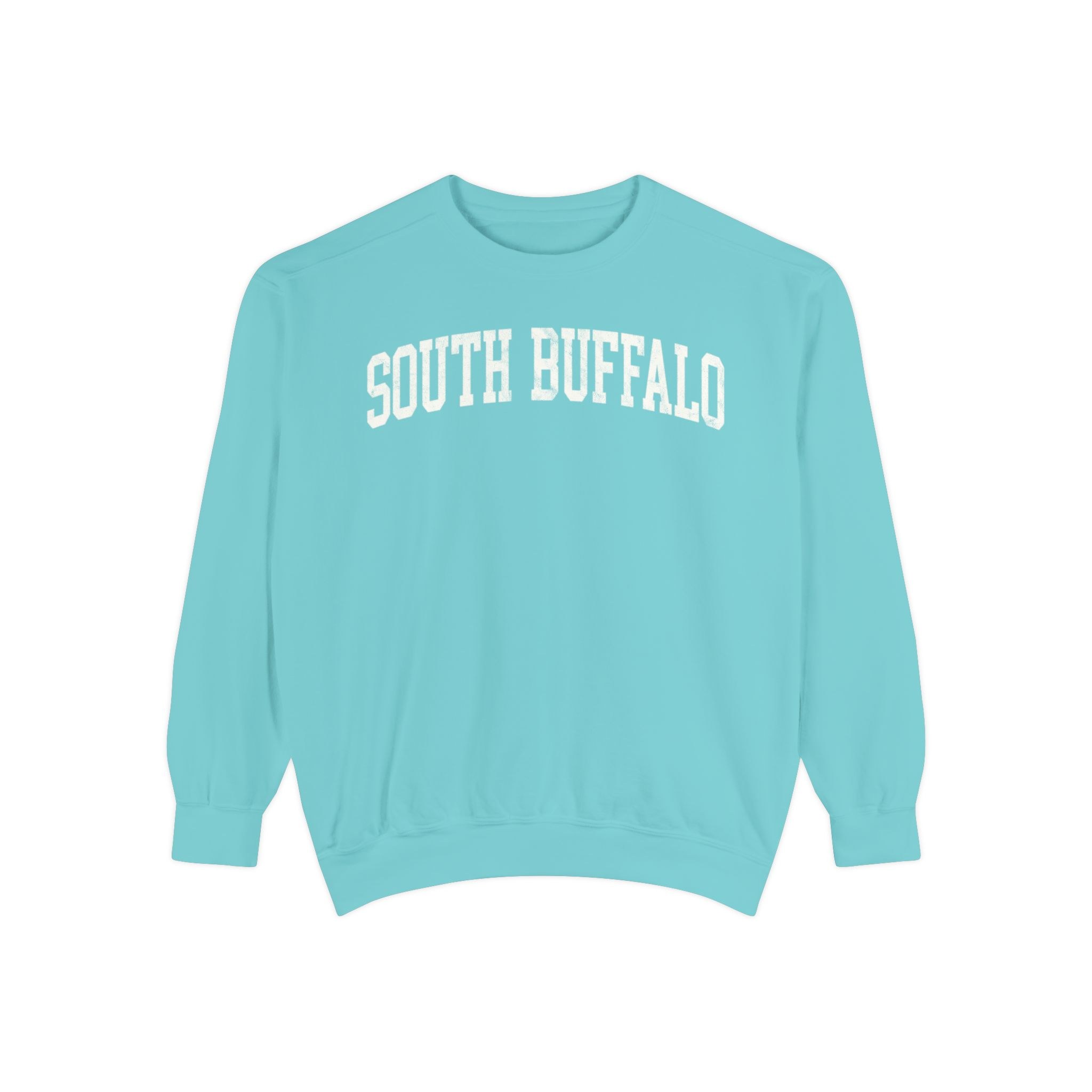 South Buffalo Garment-Dyed Crewneck in Light Ice, front — SOUTH BUFFALO lettering