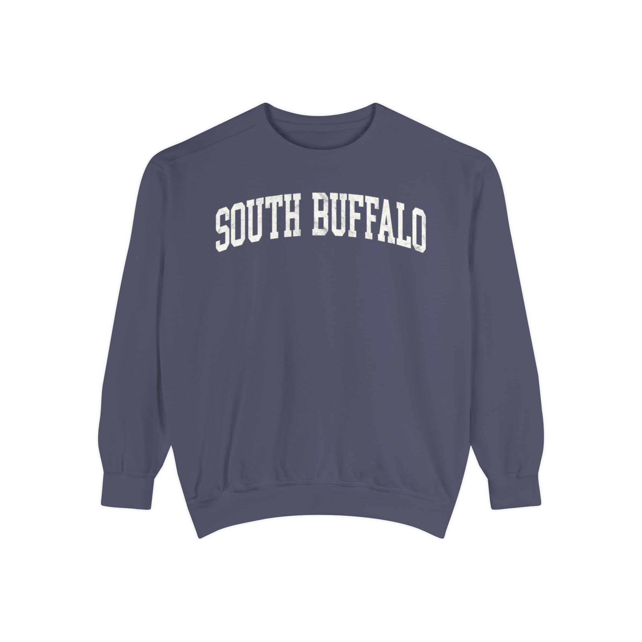 South Buffalo Garment-Dyed Crewneck in Predawn, front — SOUTH BUFFALO lettering