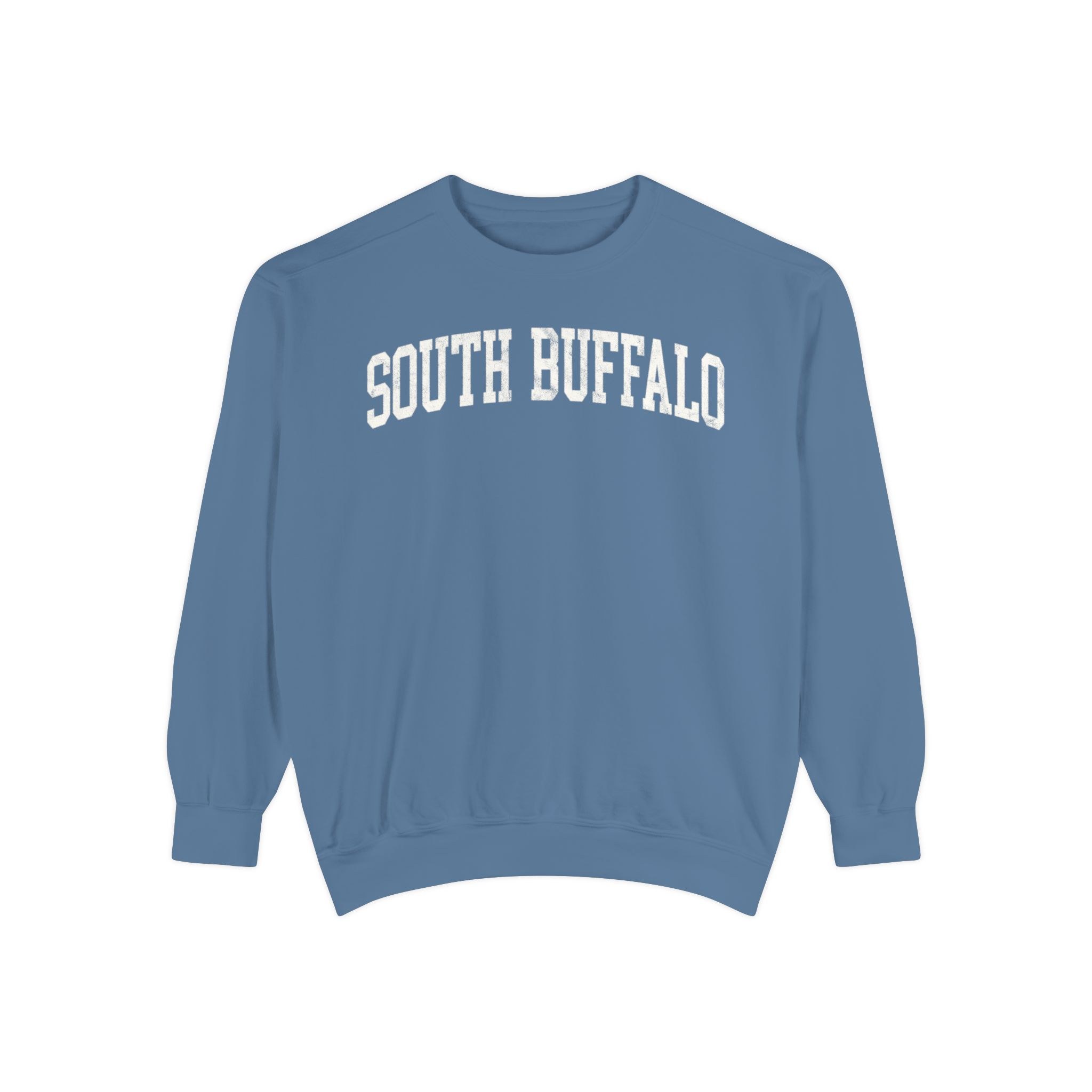 South Buffalo Garment-Dyed Crewneck in Samantha Blue, front — SOUTH BUFFALO lettering