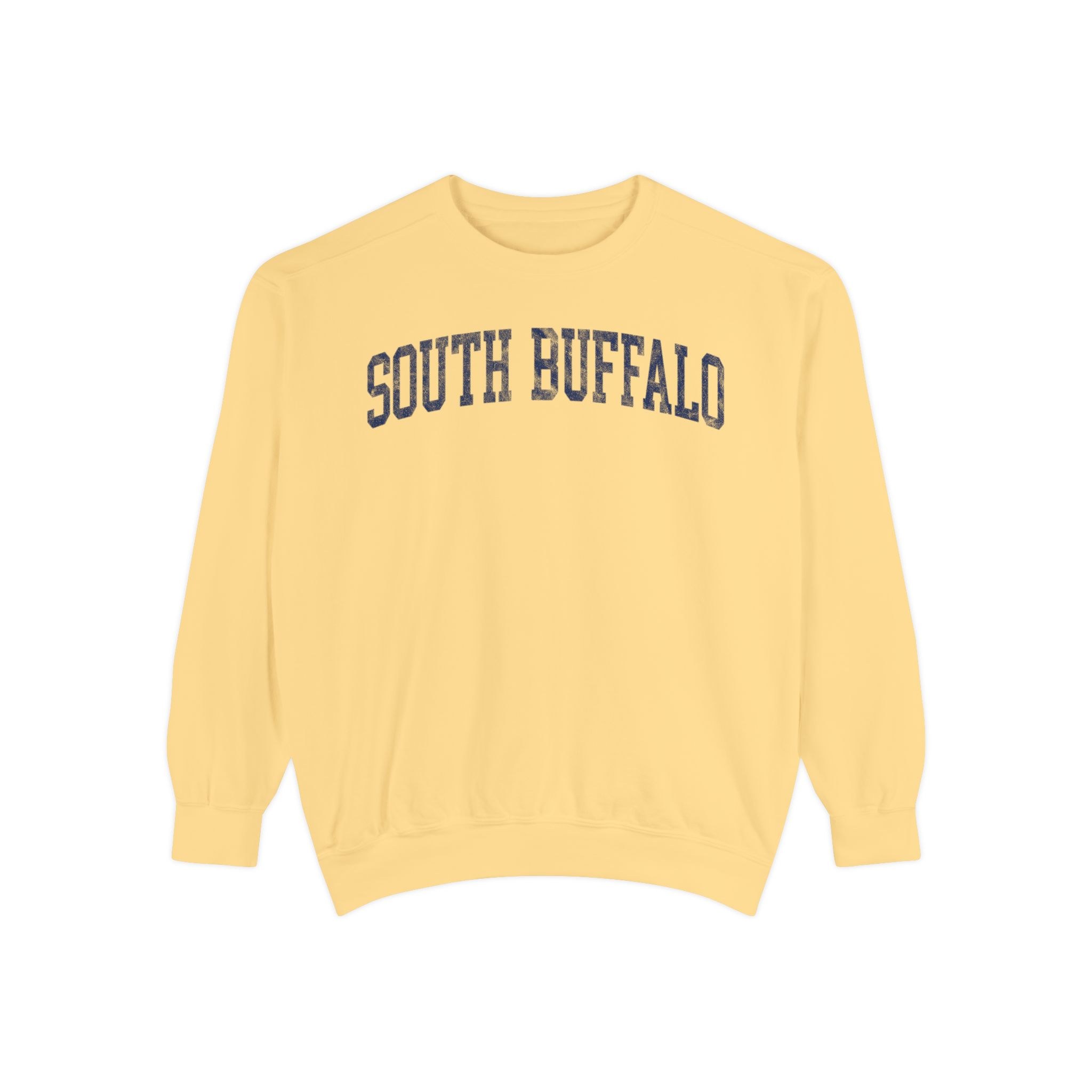 South Buffalo Garment-Dyed Crewneck in Unsalted, front — SOUTH BUFFALO lettering