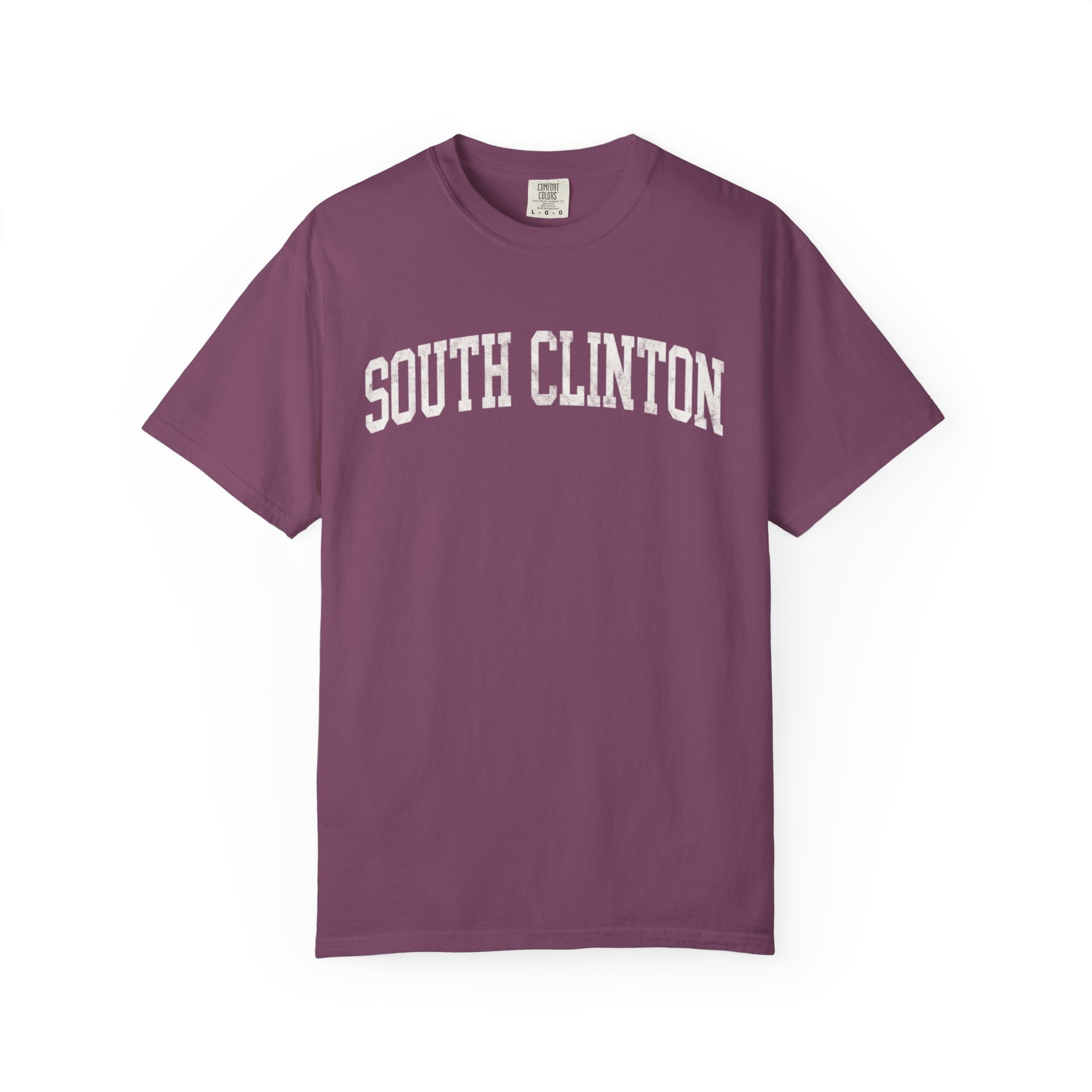 South Clinton Garment-Dyed Tee in Açai Berry, front — SOUTH CLINTON lettering