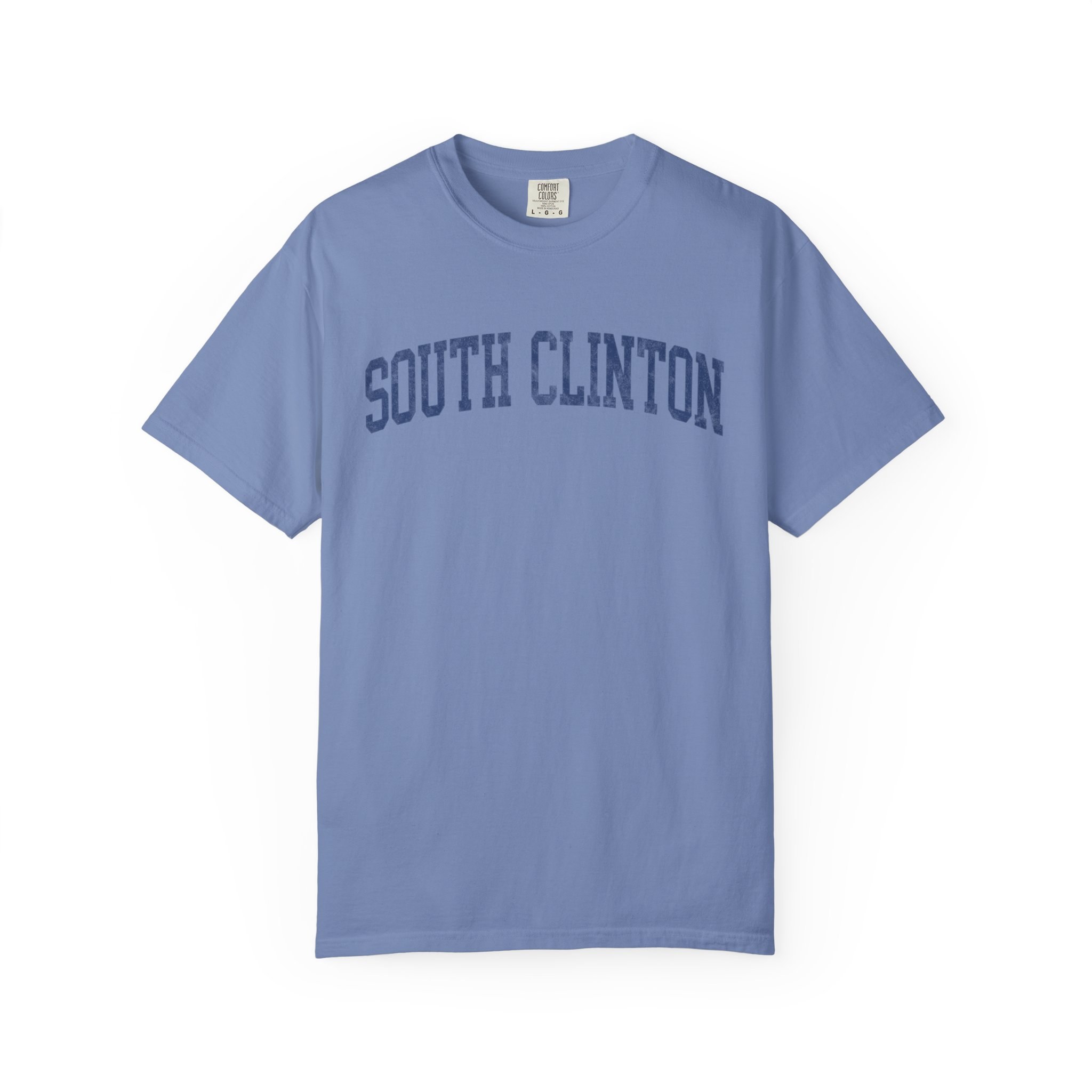 South Clinton Garment-Dyed Tee in Faded Predawn, front — SOUTH CLINTON lettering