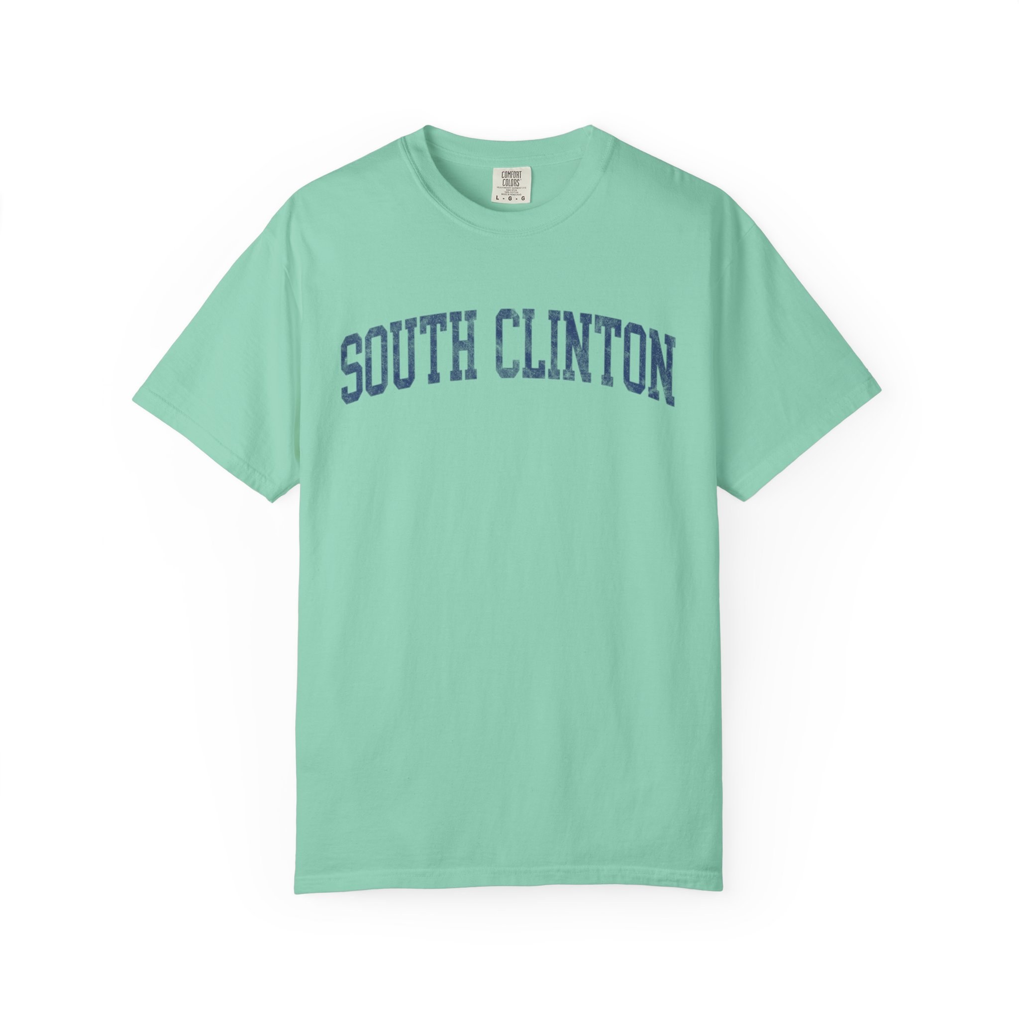 South Clinton Garment-Dyed Tee in Teal Good Inc, front — SOUTH CLINTON lettering