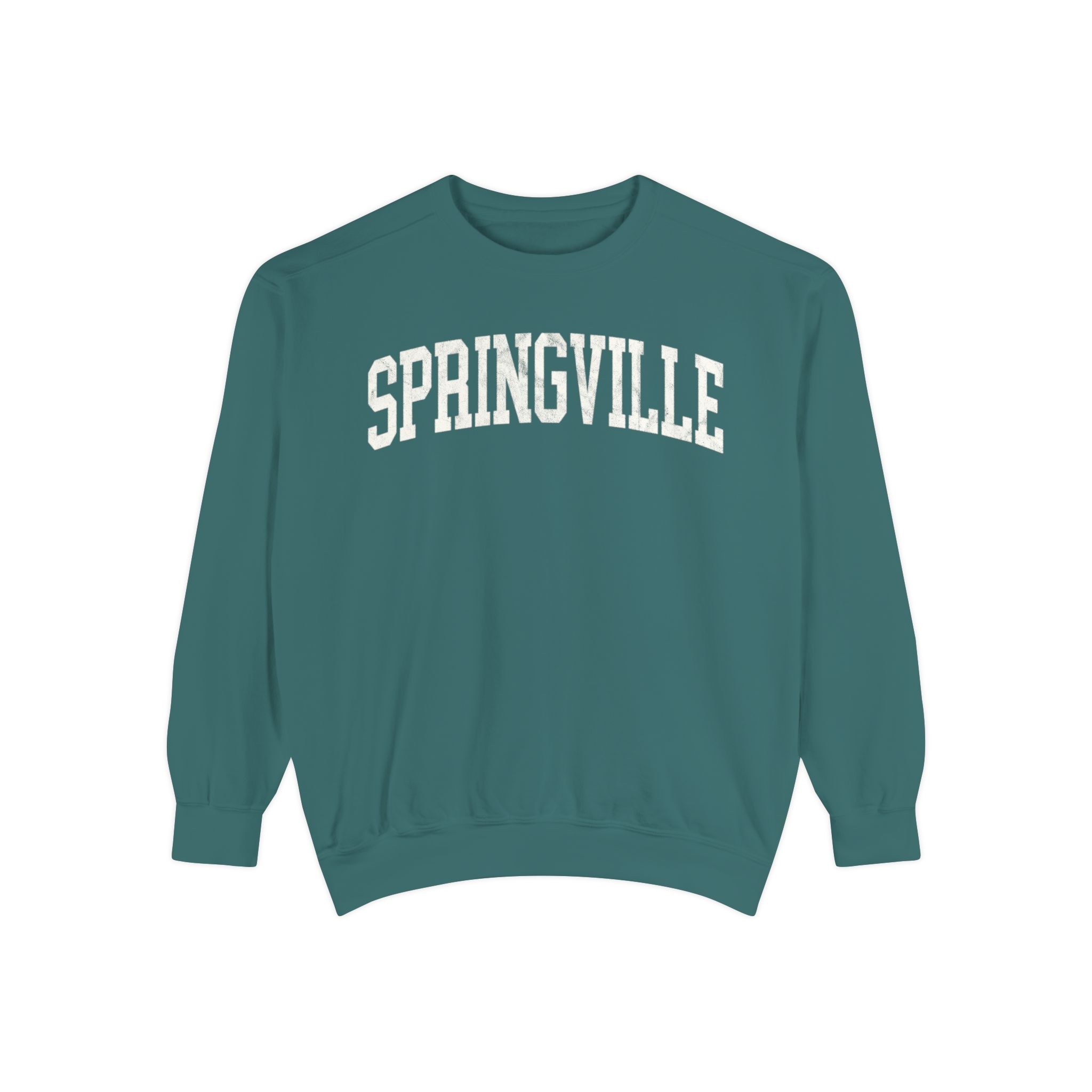 Springville Garment-Dyed Crewneck in Blue Spruce, front — SPRINGVILLE lettering