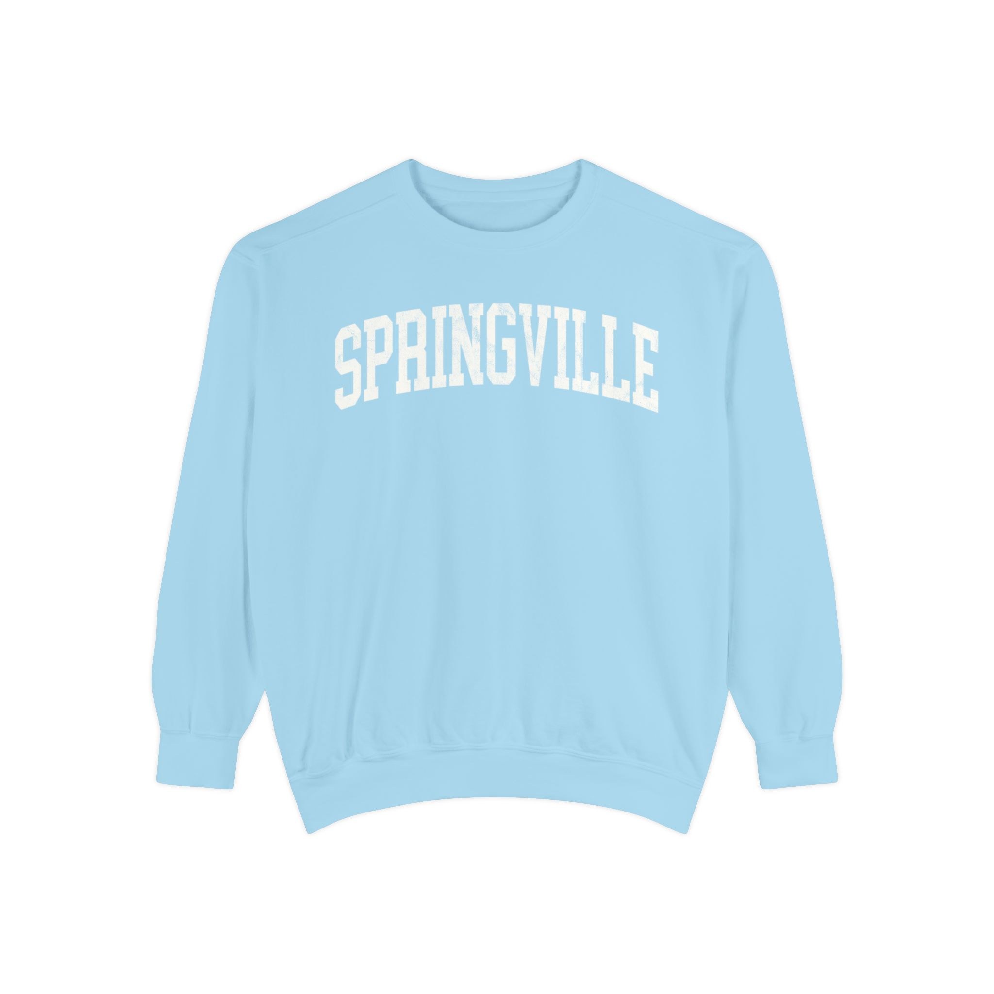 Springville Garment-Dyed Crewneck in Blueberry Milk, front — SPRINGVILLE lettering