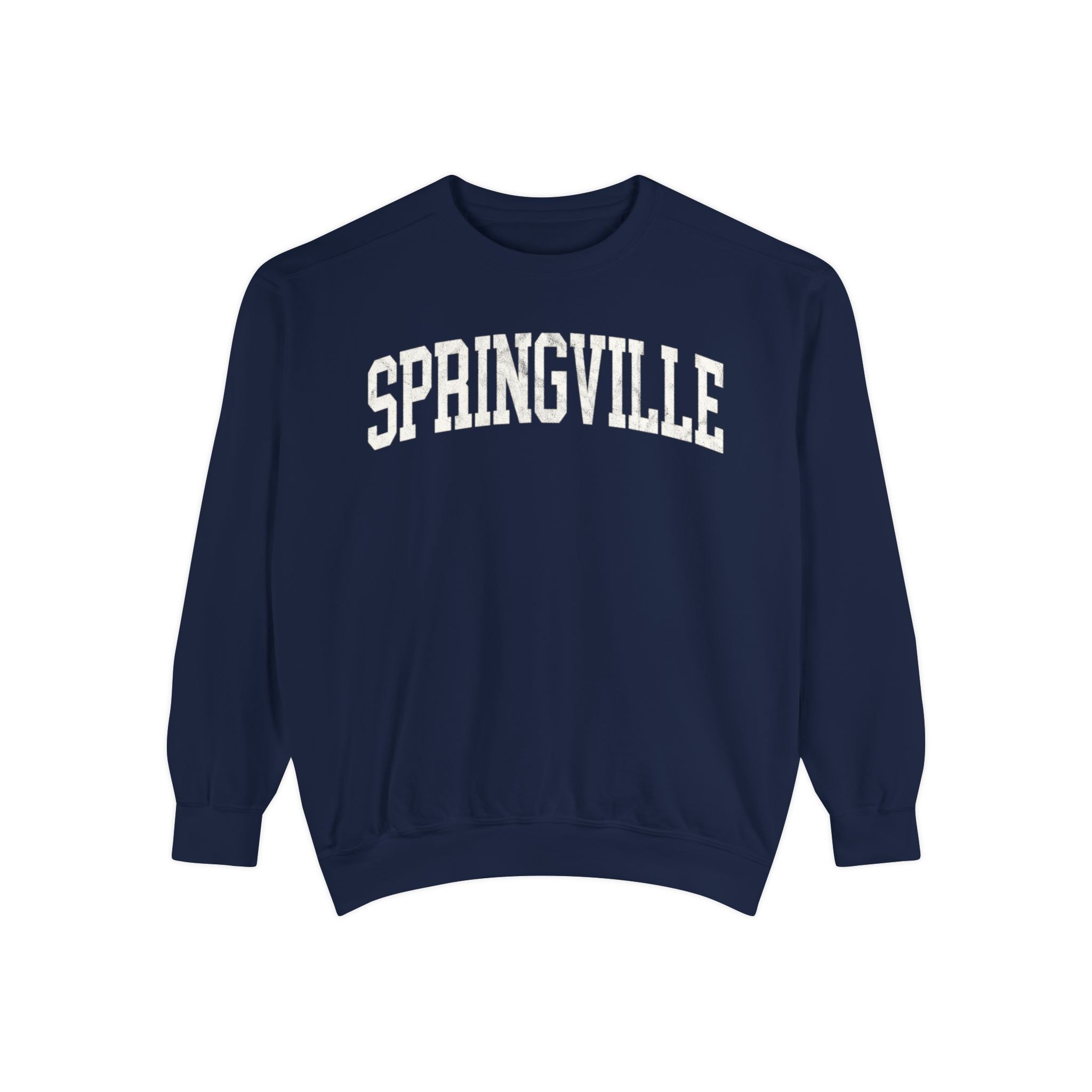Springville Garment-Dyed Crewneck in Boathouse Blue, front — SPRINGVILLE lettering