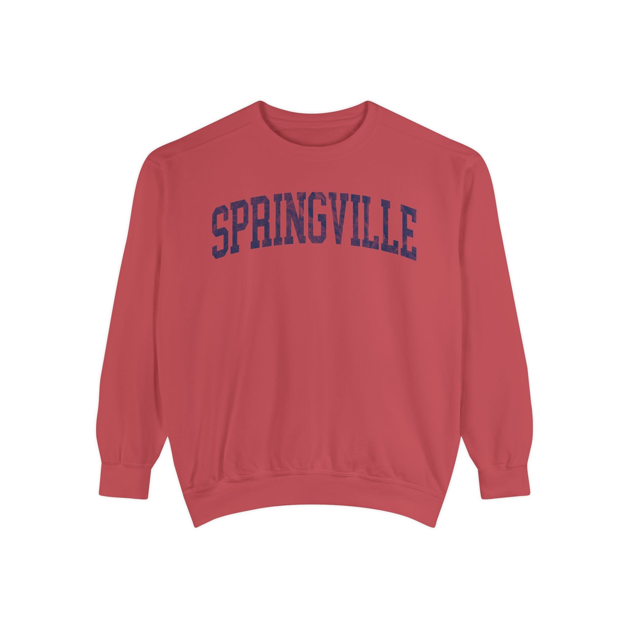 Springville Garment-Dyed Crewneck in Collegiate Crimson, front — SPRINGVILLE lettering