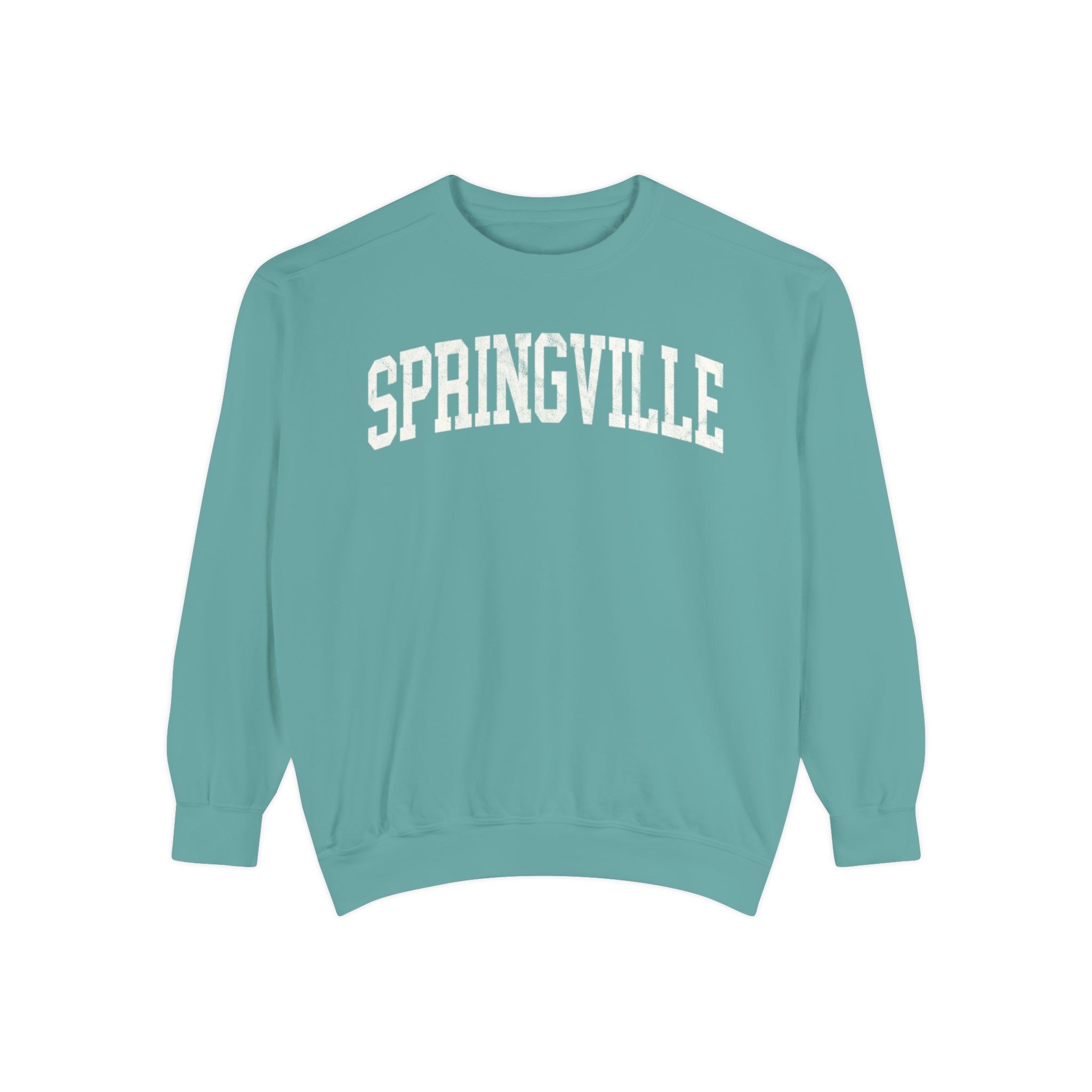Springville Garment-Dyed Crewneck in Erie Blue, front — SPRINGVILLE lettering
