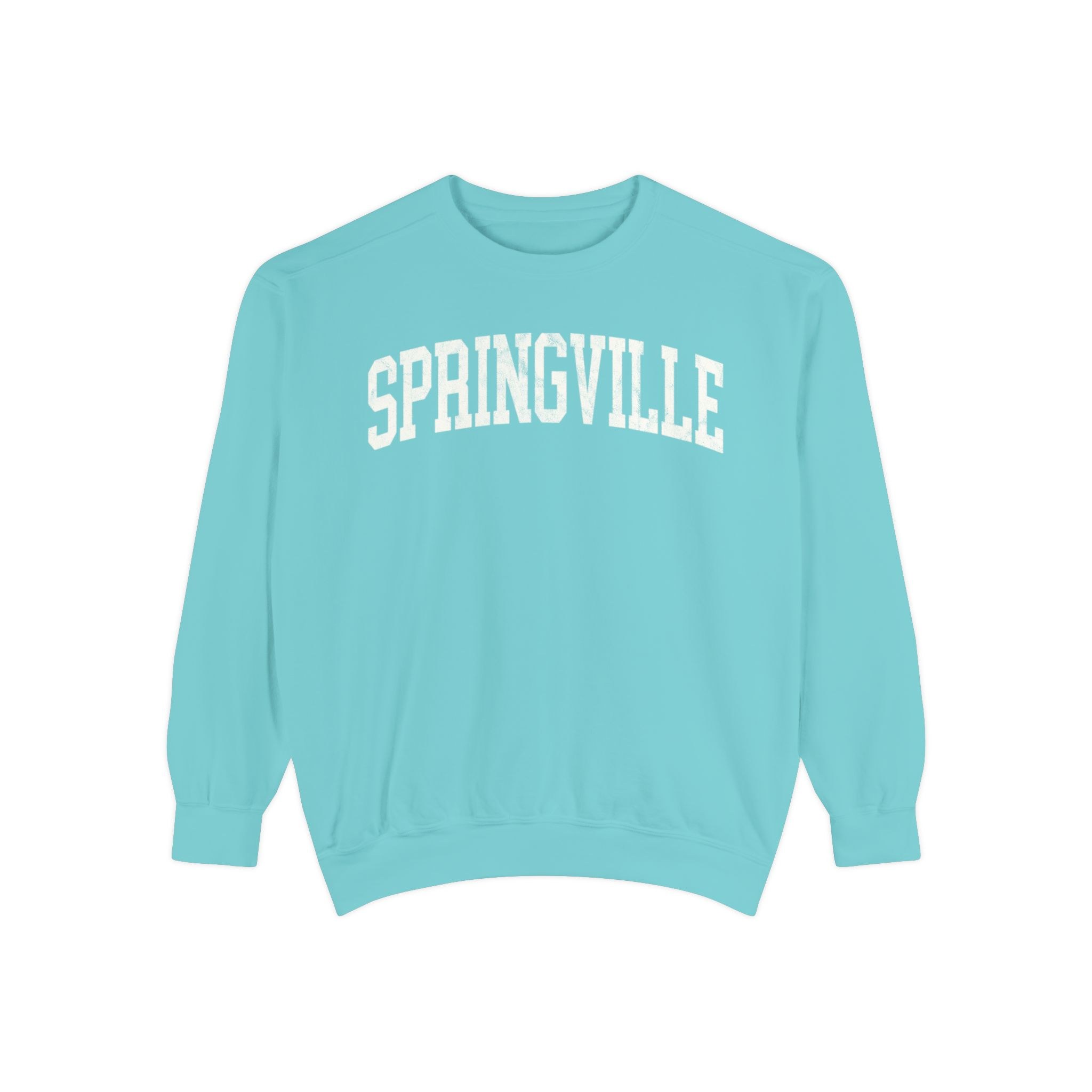 Springville Garment-Dyed Crewneck in Light Ice, front — SPRINGVILLE lettering