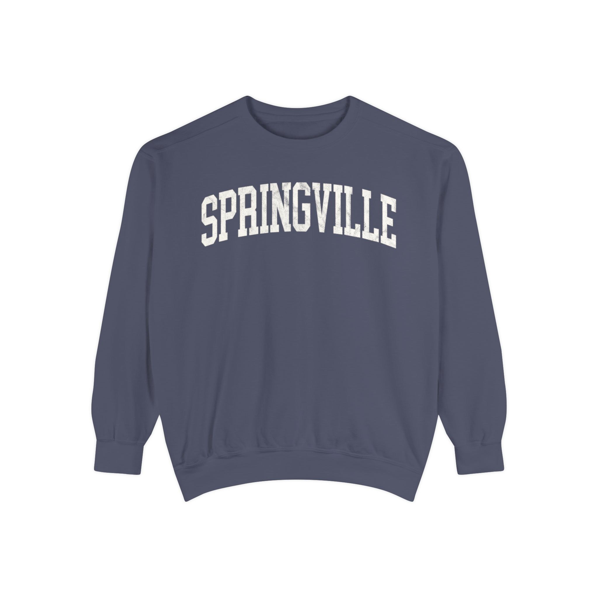 Springville Garment-Dyed Crewneck in Predawn, front — SPRINGVILLE lettering
