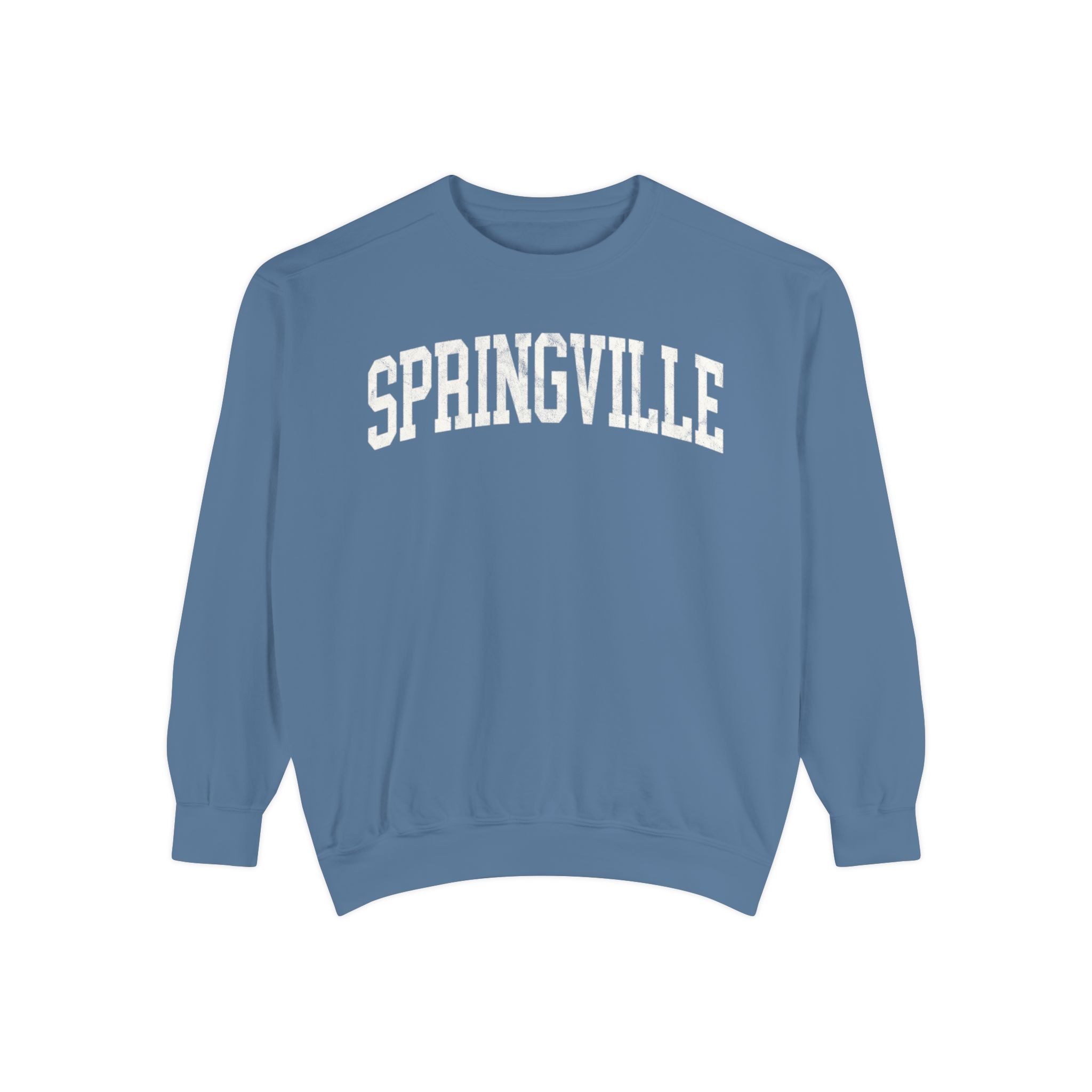 Springville Garment-Dyed Crewneck in Samantha Blue, front — SPRINGVILLE lettering