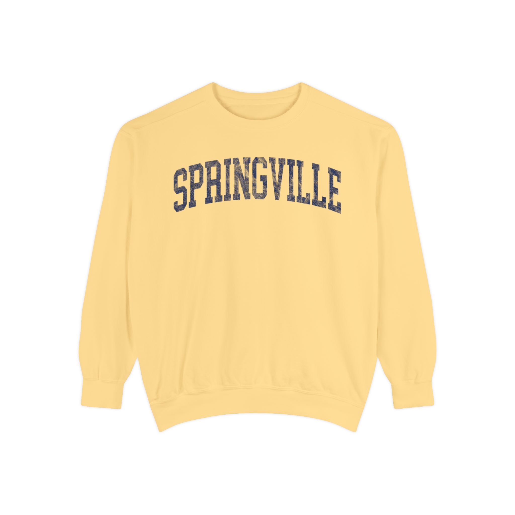 Springville Garment-Dyed Crewneck in Unsalted, front — SPRINGVILLE lettering