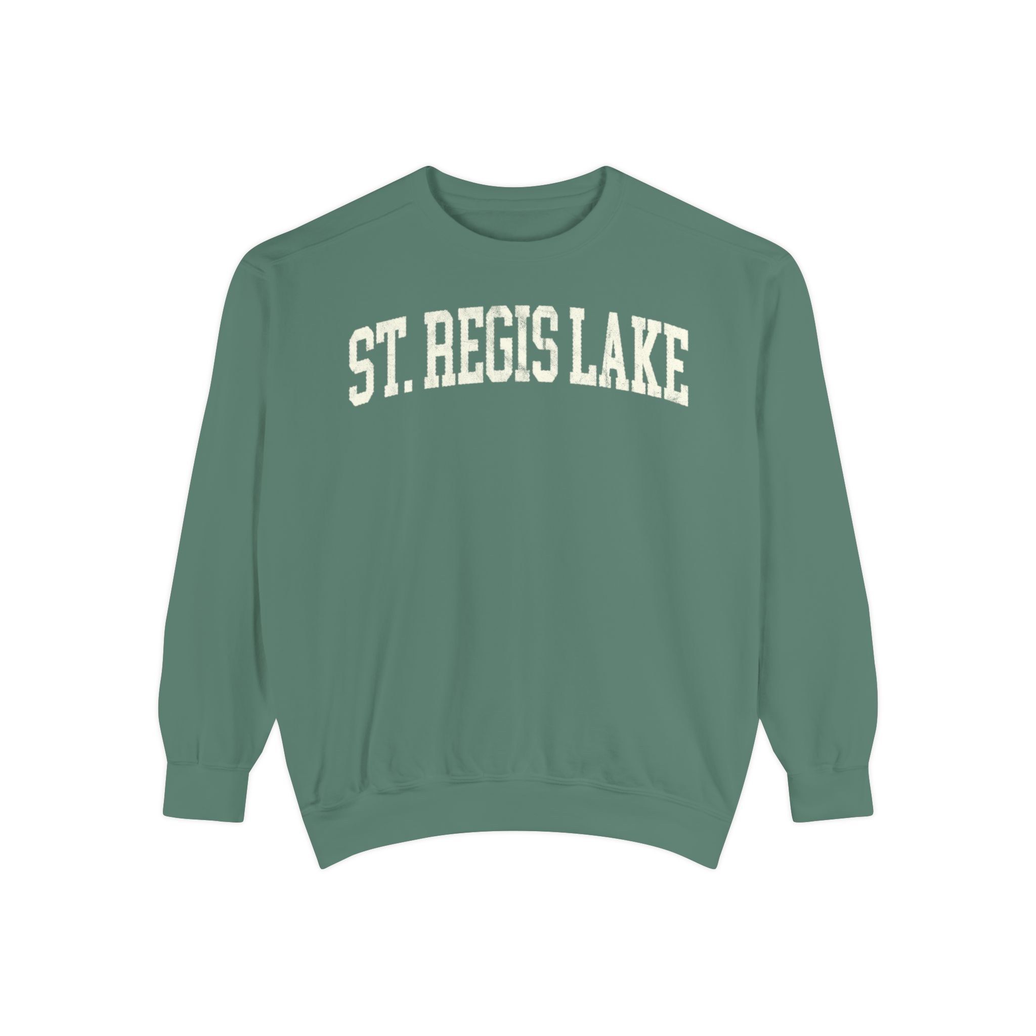 St. Regis Lake Garment-Dyed Crewneck in Light Green, front — ST. REGIS LAKE lettering